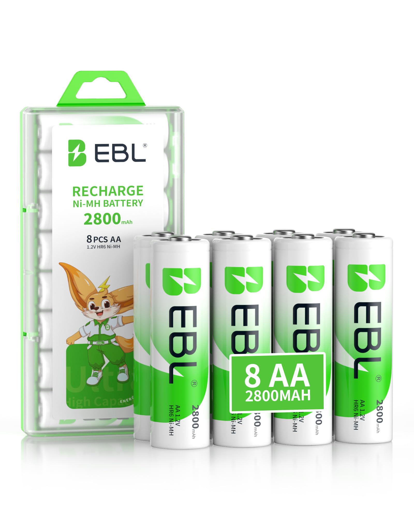 بطاريات EBL AA عبوة من 8، سعة عالية 2800 مللي أمبير في الساعة، بطاريات Ni-MH AA قابلة لإعادة الشحن ومشحونة مسبقًا