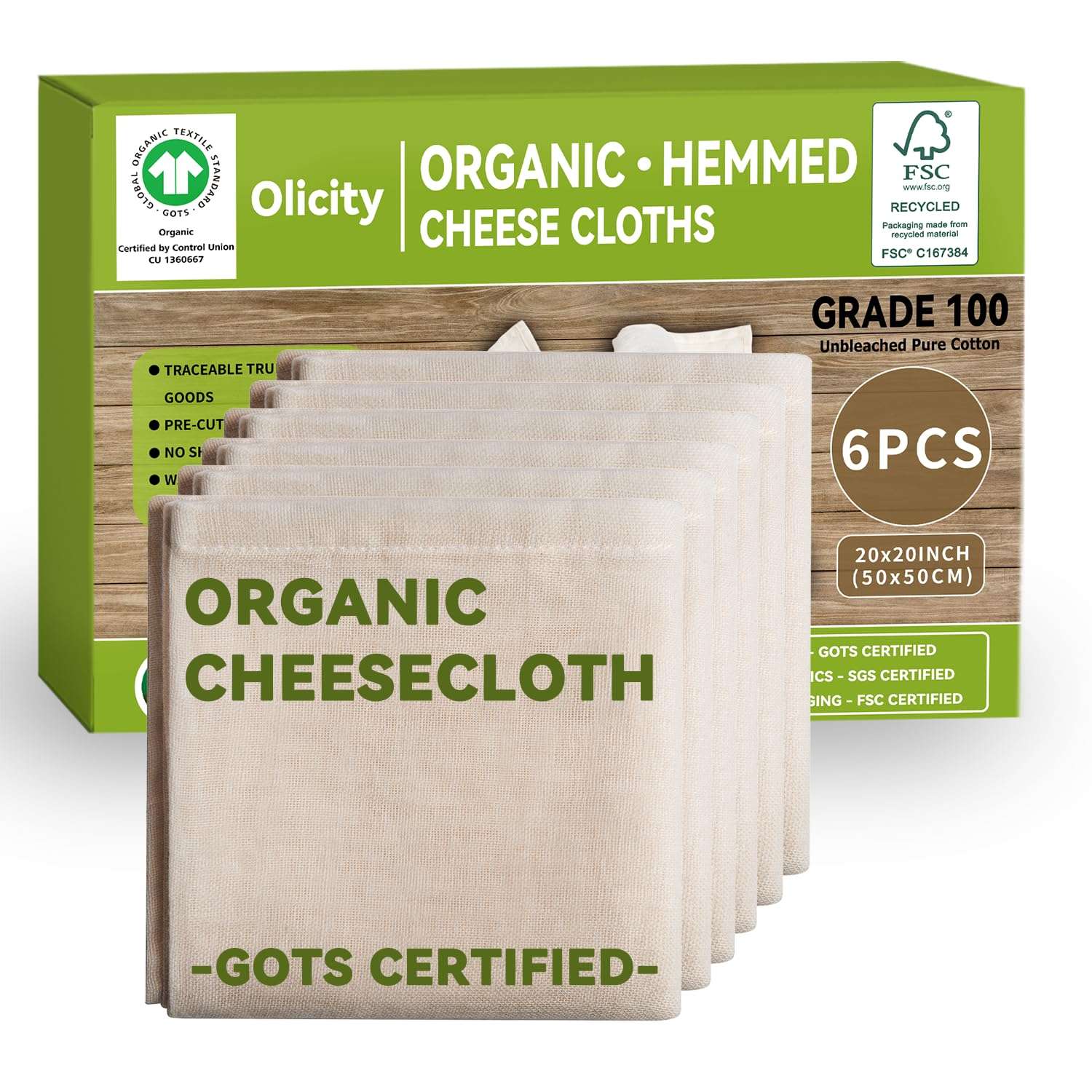 Olicity Cheese Cloths, 6PCS, Grade 100,20x20Inch Hemmed Cheese Cloth Fabric Reusable Fine Mesh Cloth, 100% Cotton Unbleached Precut Muslin Cheesecloth for Straining, Cooking, Yogurt, Juicing