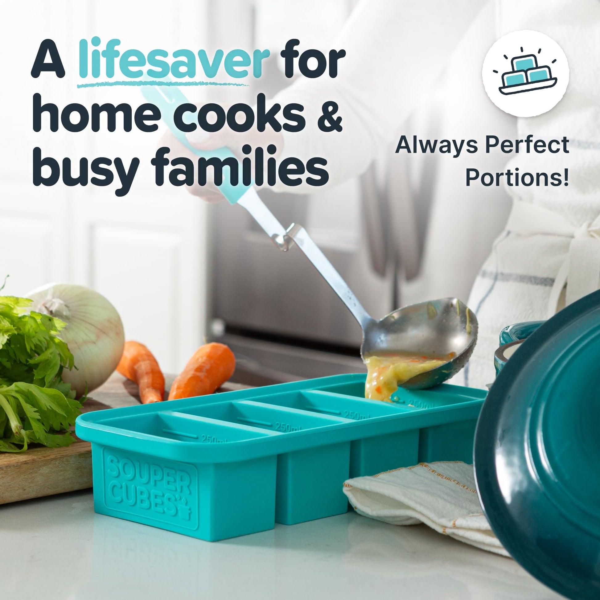 Souper Cubes 1 Cup Silicone Freezer Molds - Soup Cubes Perfect for Freezing Broth, Rice, Leftovers and More - Silicone Freezer Trays with Lids for Meal Prep - Aqua - 2-Pack