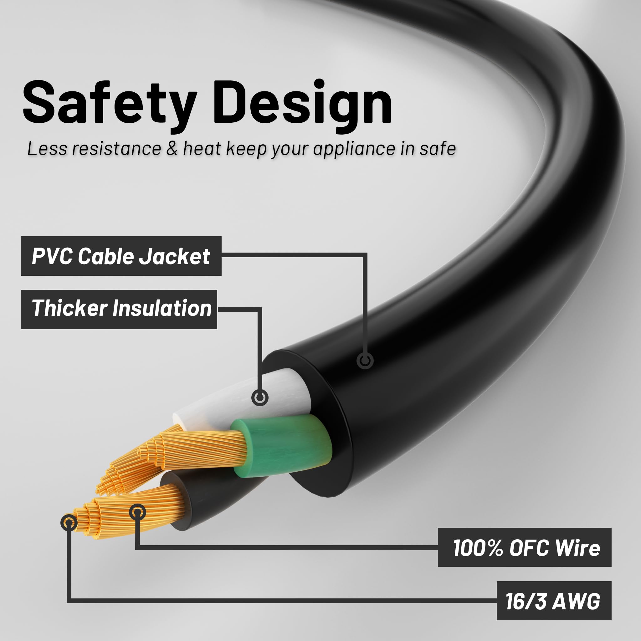 16/3 Black Indoor Outdoor Extension Cord 10 Ft Waterproof, Heavy Duty Extension Cord with 3 Prong Grounded Plug,13A 1625W 16AWG SJTW, Flexible Weatherproof Power Cable for Offices, Gardens and Lawns