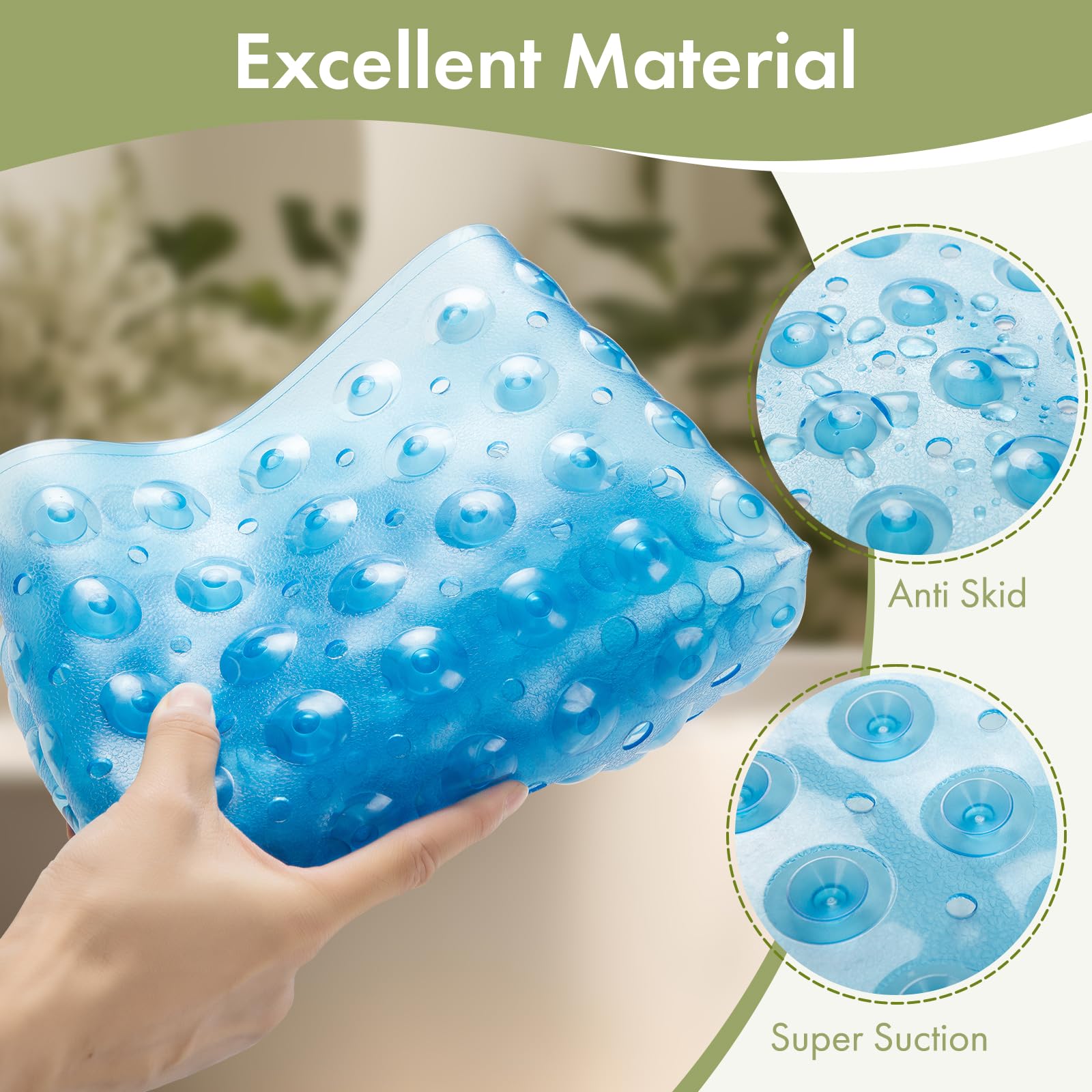 AmazerBath Shower Mat Non Slip 40 x 16 Inches, Bathtub Mat Shower Stall Mats with Suction Cups and Drain Holes, Non Slip Bath Mat for Tub for Elderly & Kids, Clear Blue