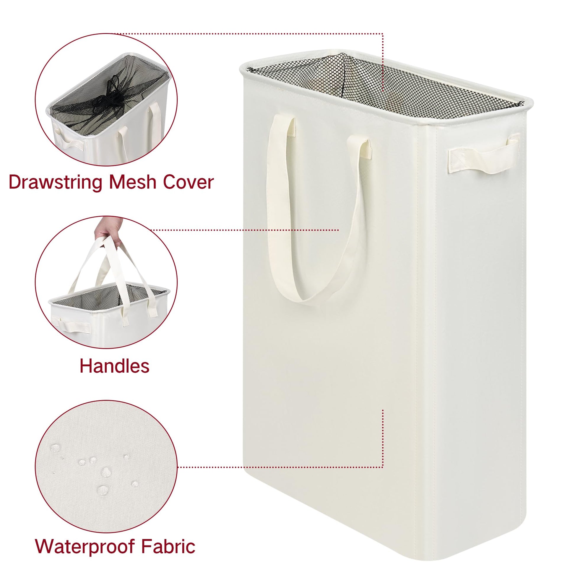 efluky Slim Laundry Basket, Narrow Laundry Hamper with Handles, Collapsible Dirty Clothes Hamper, Tall Laundry Bin for Laundry Room, Dorm and Bedroom, 12.7 Gallons(48L) Beige