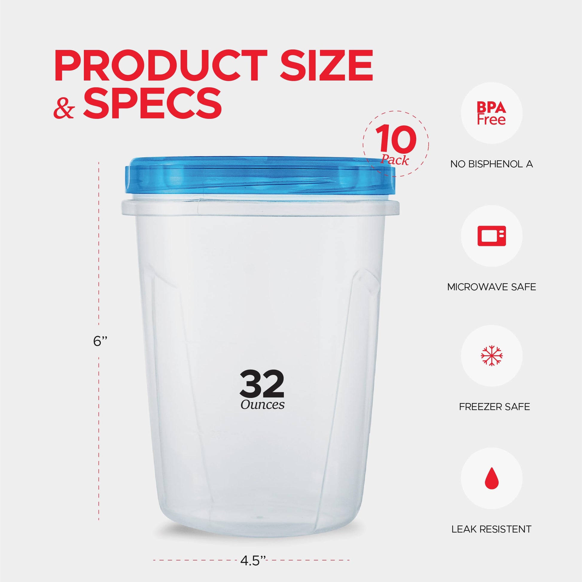 10 Pack Leakproof Freezer Containers for Food with Twist Top Lids - 32 Oz BPA Free Reusable Plastic Soup Containers with Screw On Lids - Ideal for Meal Prep, Leftovers & Pantry Organization