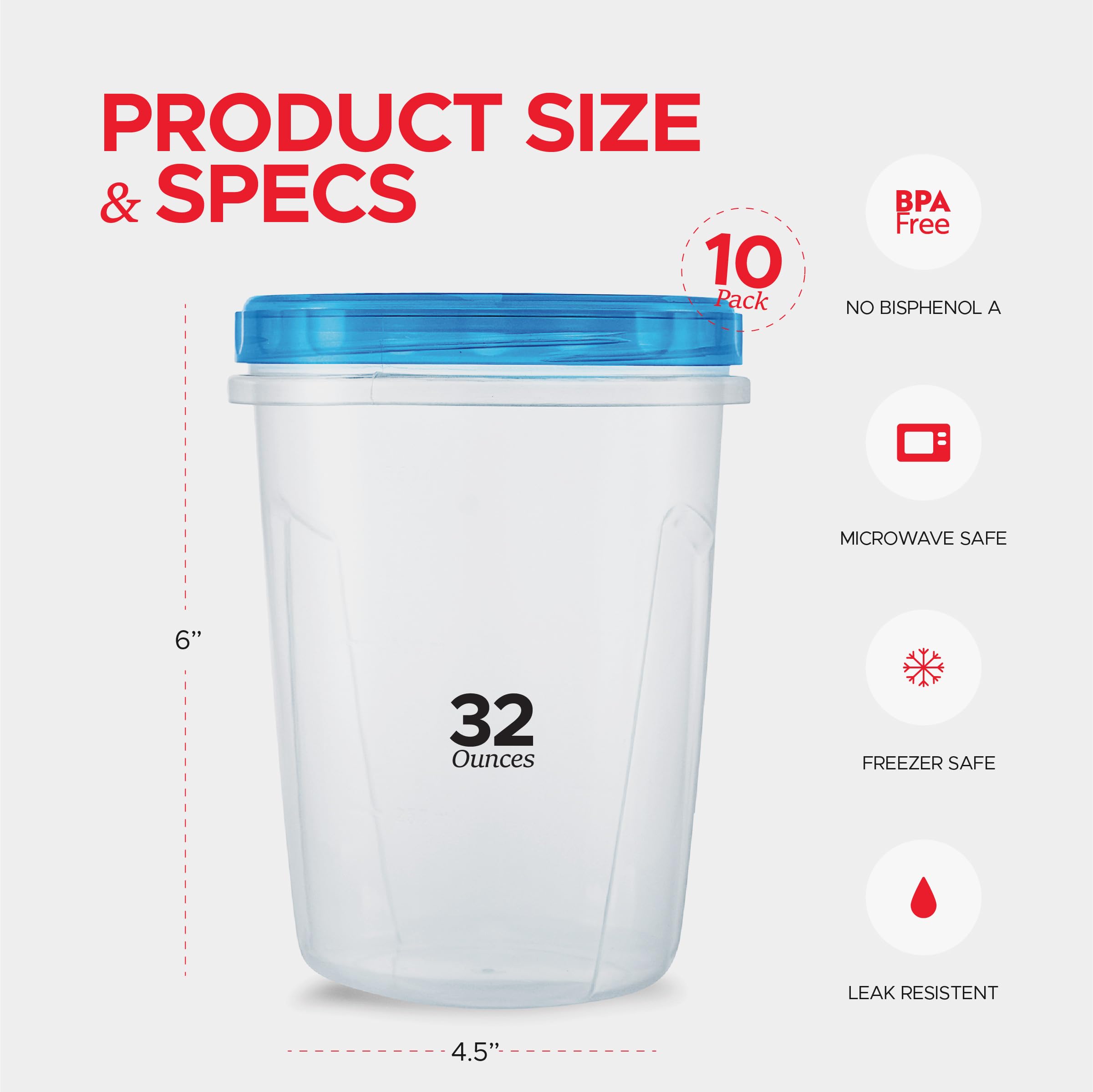 10 Pack Leakproof Freezer Containers for Food with Twist Top Lids - 32 Oz BPA Free Reusable Plastic Soup Containers with Screw On Lids - Ideal for Meal Prep, Leftovers & Pantry Organization