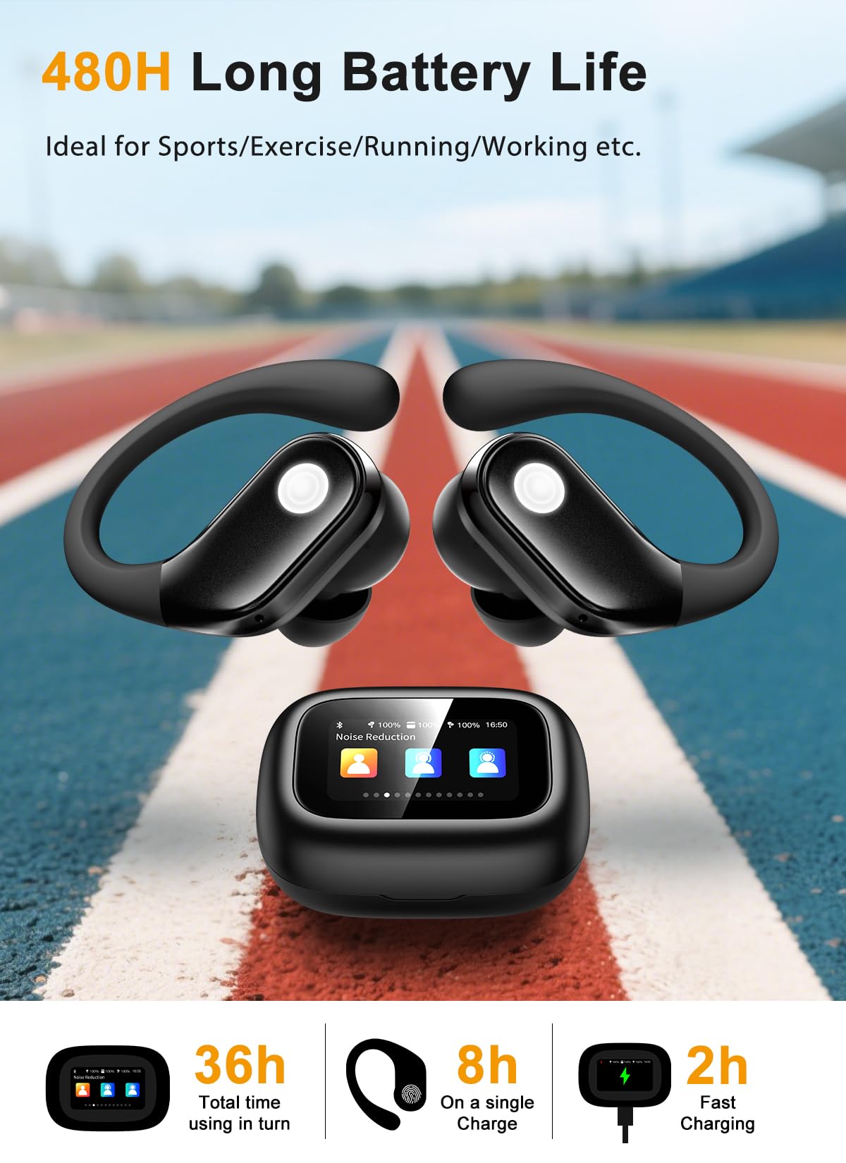 jaddsa Wireless Earbuds, ENC Noise Cancelling Sport Ear Buds with Multifunctional Touch Screen, Bluetooth 5.4 Headphones, Bass Stereo Sound, 5 EQ Over The Ear Earbuds for Sports/Workout/Gym-Black