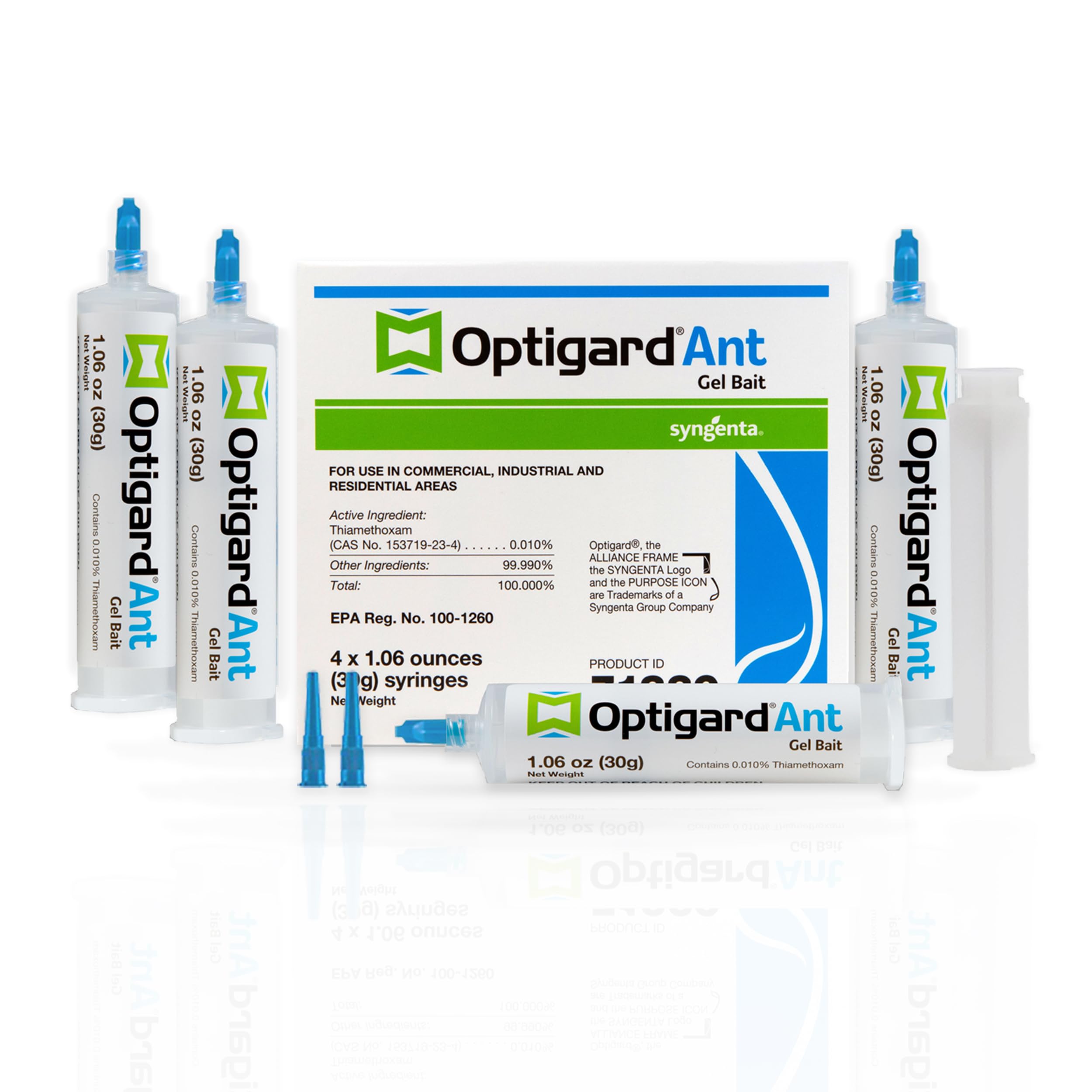 Optigard Ameisengelköder, 4 Tuben x 30 Gramm, 1 Kolben und 2 Applikationsspitzen, Wirksamer Ameisenköder, Formuliert mit 0,01% Thiamethoxam, Innen- und Außenanwendung, Ameisenkiller-Gel für die meisten wichtigen Ameisenarten