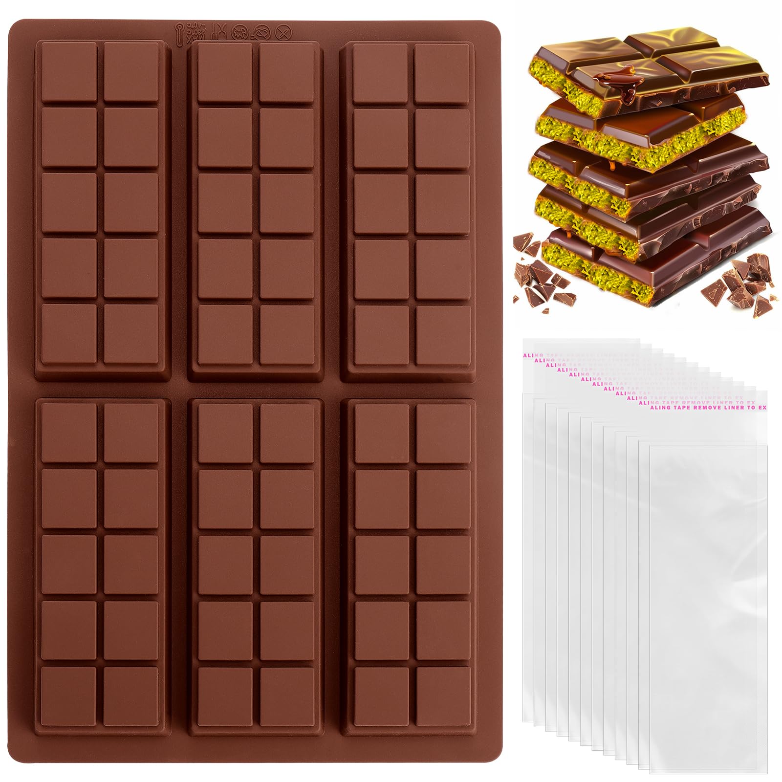 Mity rain Chocolate Bar Mold Deep, Silicone Thick Chocolate Bar Mold for Stuffed Bar, Square Knafeh Pistachio Chocolate Bar Break Apart Candy Bar Molds with 100pcs Storage Bags