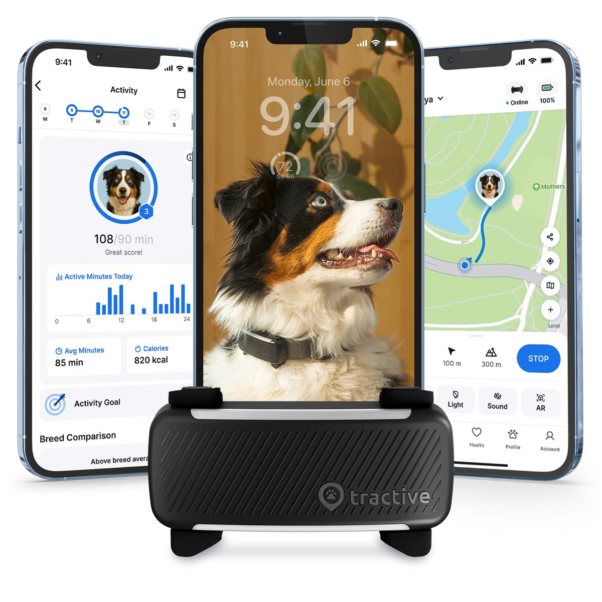 Tractive Smart GPS Tracker für Hunde | Live Haustier Tracker mit Virtuellem Zaun | Überwachung von Vitalwerten wie Herz- & Atemfrequenz | Bell-Überwachung | Befestigung am Hundehalsband (Schwarz)