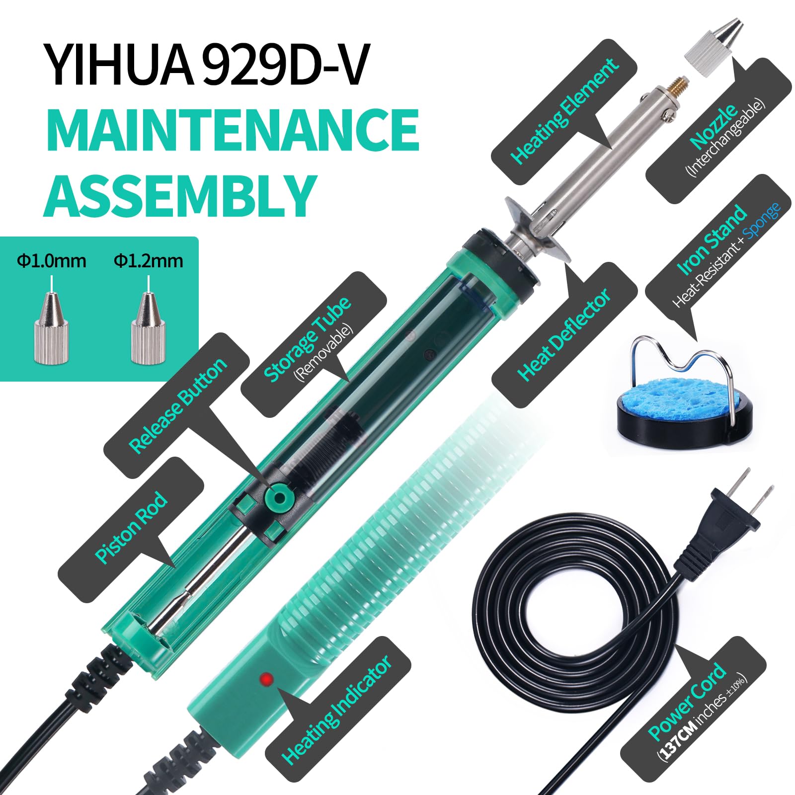 YIHUA 929D-V Electric Desoldering Soldering Iron Solder Sucker Desoldering Pump with Shorter Charging Handle and Desoldering Nozzles 1.0mm 1.2mm for Through-Hole Desoldering