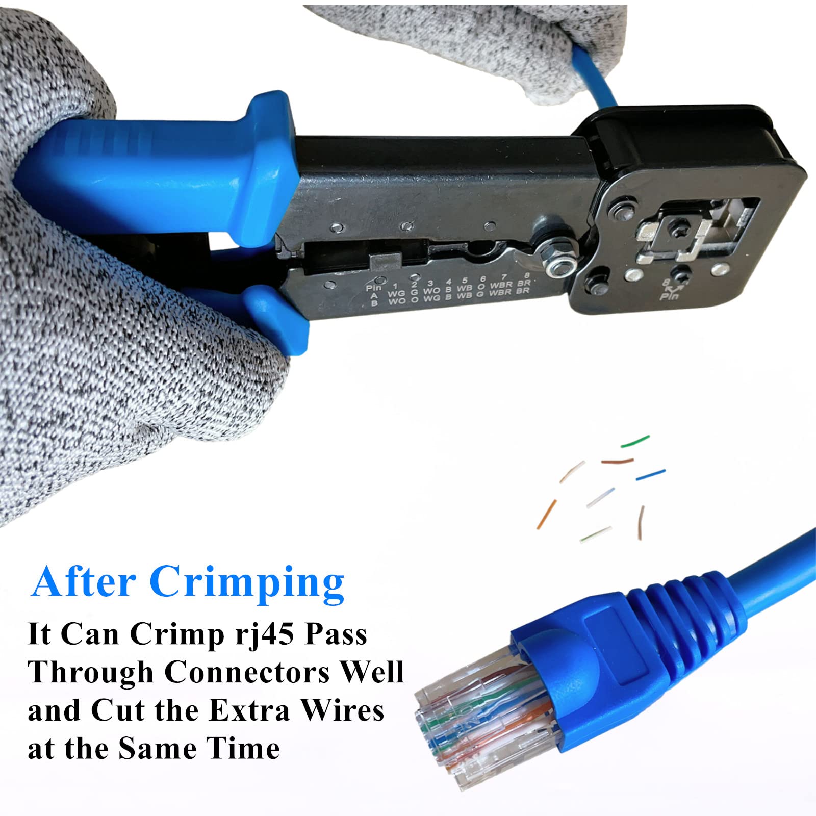 Gaobige rj45 Crimping Tool for Cat6 Cat5e Cat5, Sturdy Crimper for rj45 rj12/11 Pass-Through Connectors with 50pcs rj45 Cat5e Pass-Through Connectors, 50pcs Covers, Wire Stripper; Network Cable Tester