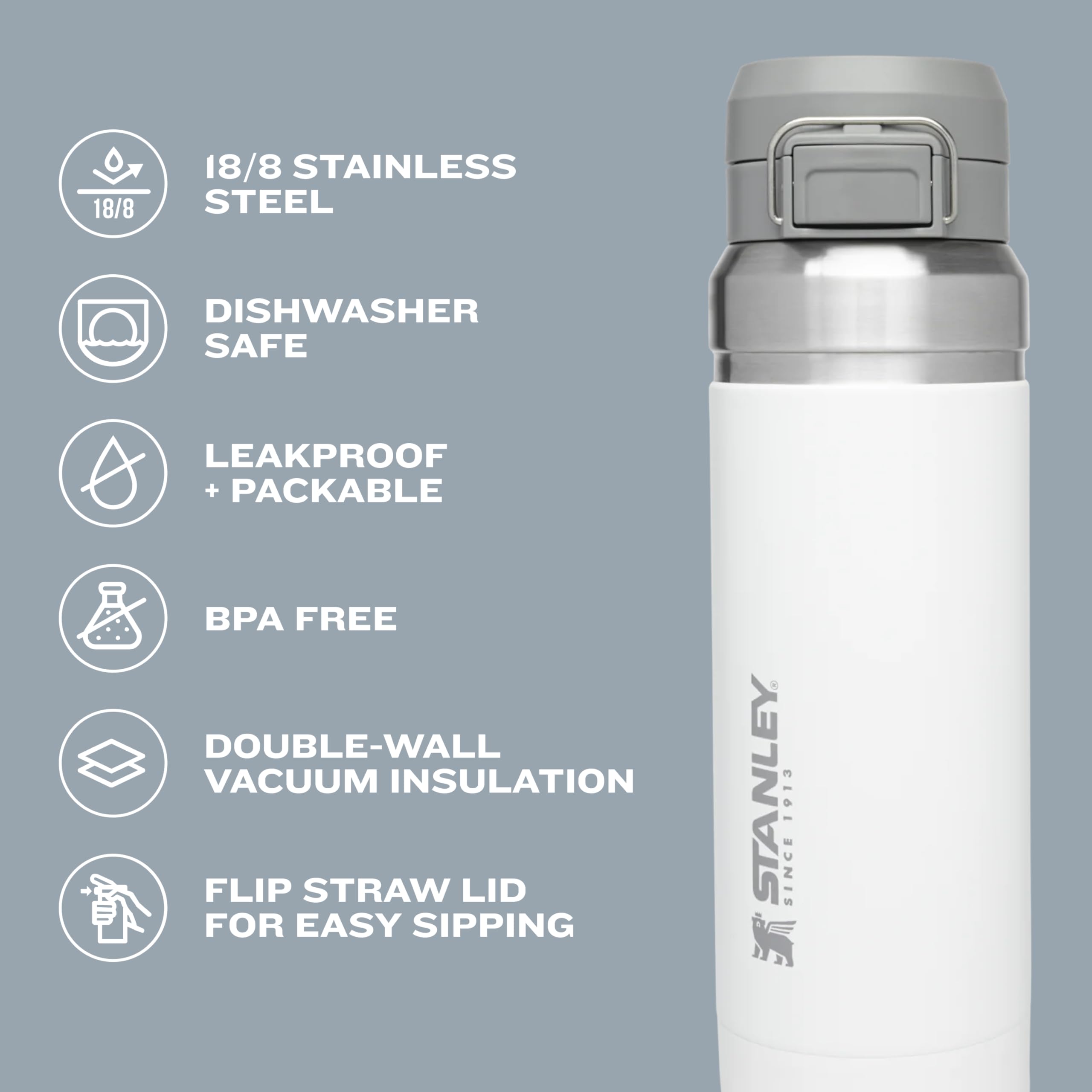 Stanley Quick Flip GO Water Bottle 36 oz | Push Button Lid | Leakproof and Packable for Travel and Sports | Insulated Stainless Steel | BPA-Free | Charcoal