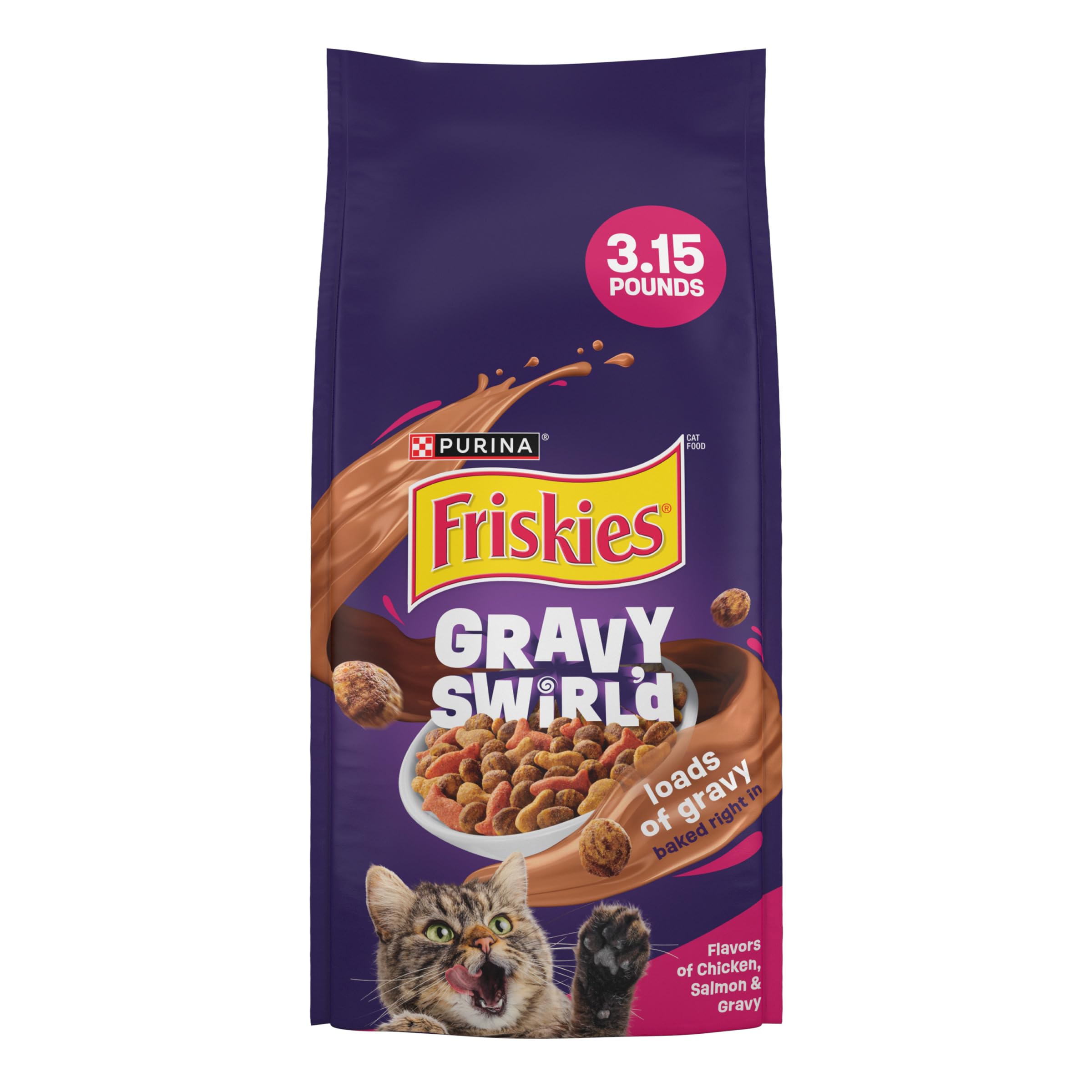 Purina Friskies Trockenkatzenfutter Soße Verwirbelt mit Huhn-, Lachs- und Soßenaroma – 1,43-kg-Beutel