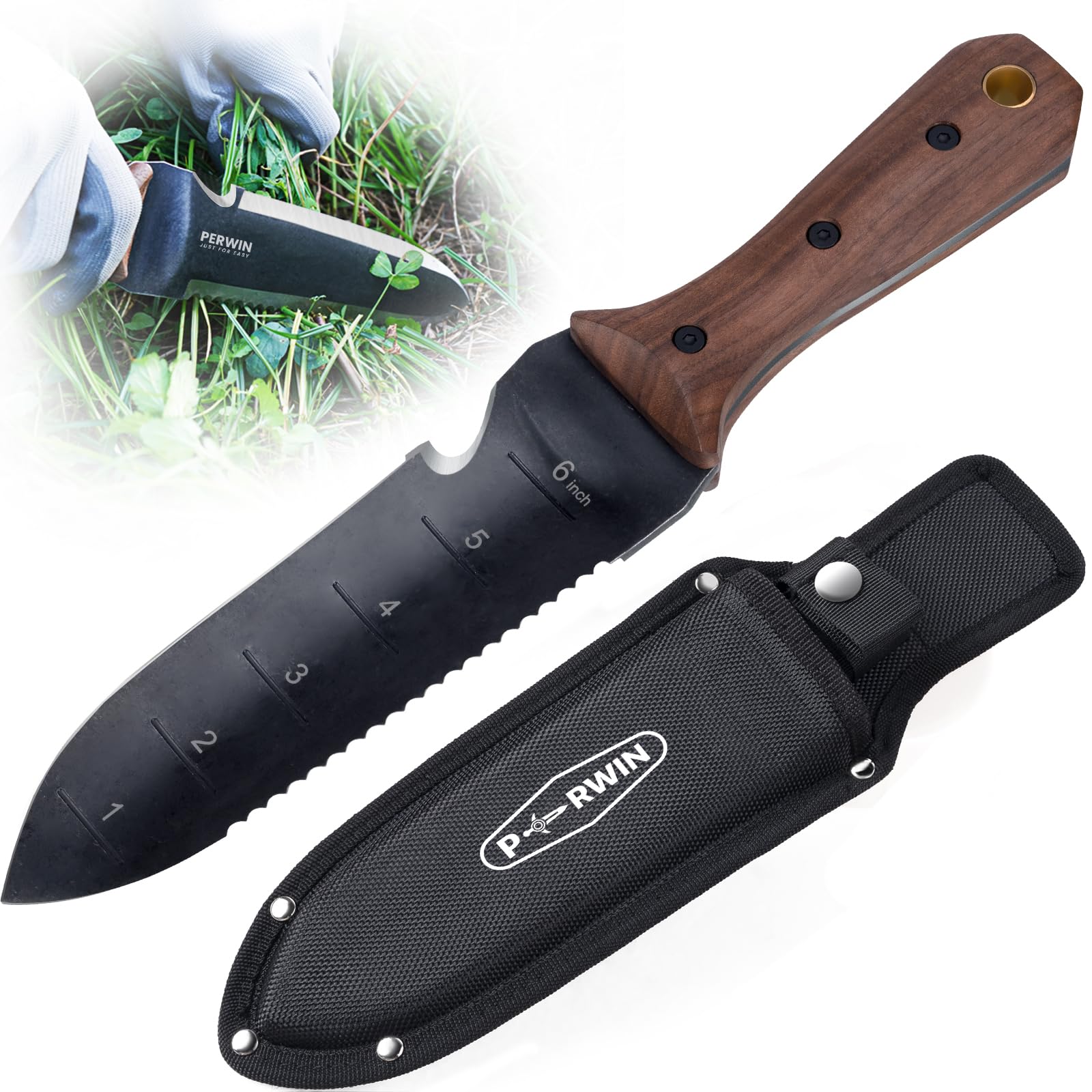PERWIN Hori Hori Gartenmesser, Gartenwerkzeug mit Scheide zum Jäten, Pflanzen, Graben, 7" Edelstahlklinge mit Schneide, durchgehender Holzgriff mit Aufhängeloch