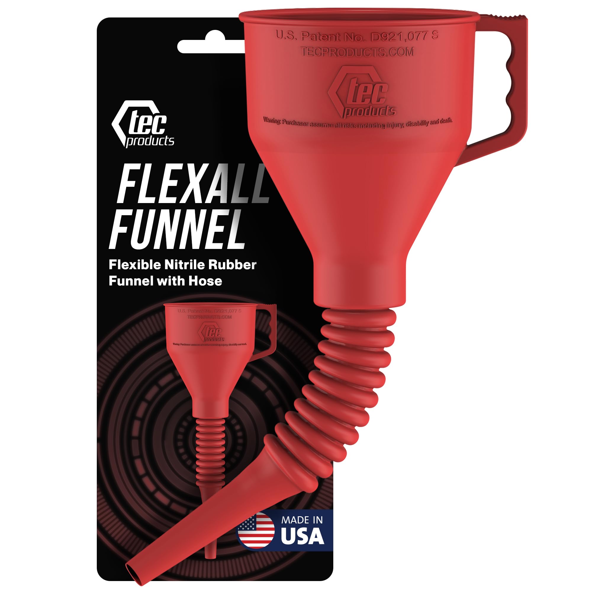 TEC Products FlexAll Funnel - Long Flexible Funnel with Hose for Automotive Use - Nitrile Rubber Funnel with Handle for Oil Change and Transmission Fluid - Gas, Diesel, Oil Funnel for Cars