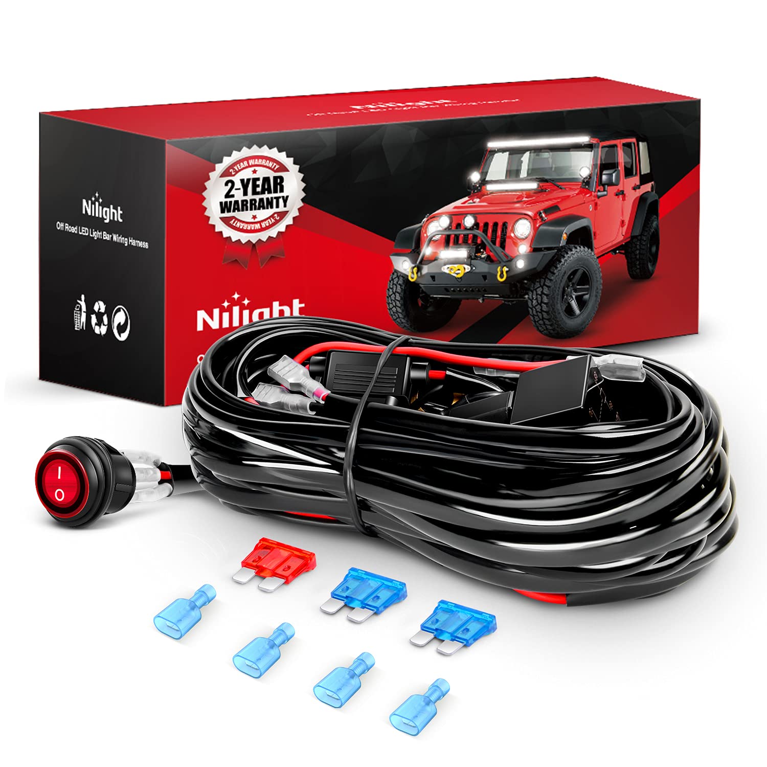 Nilight - NI-WA 06 LED-Lichtleisten-Kabelbaum-Kit - 2 Anschlüsse 12V Ein-Aus-Schalter Leistungsrelais Flachsicherung für Offroad-Scheinwerfer Arbeitslicht, 2 Jahre Garantie, Schwarz