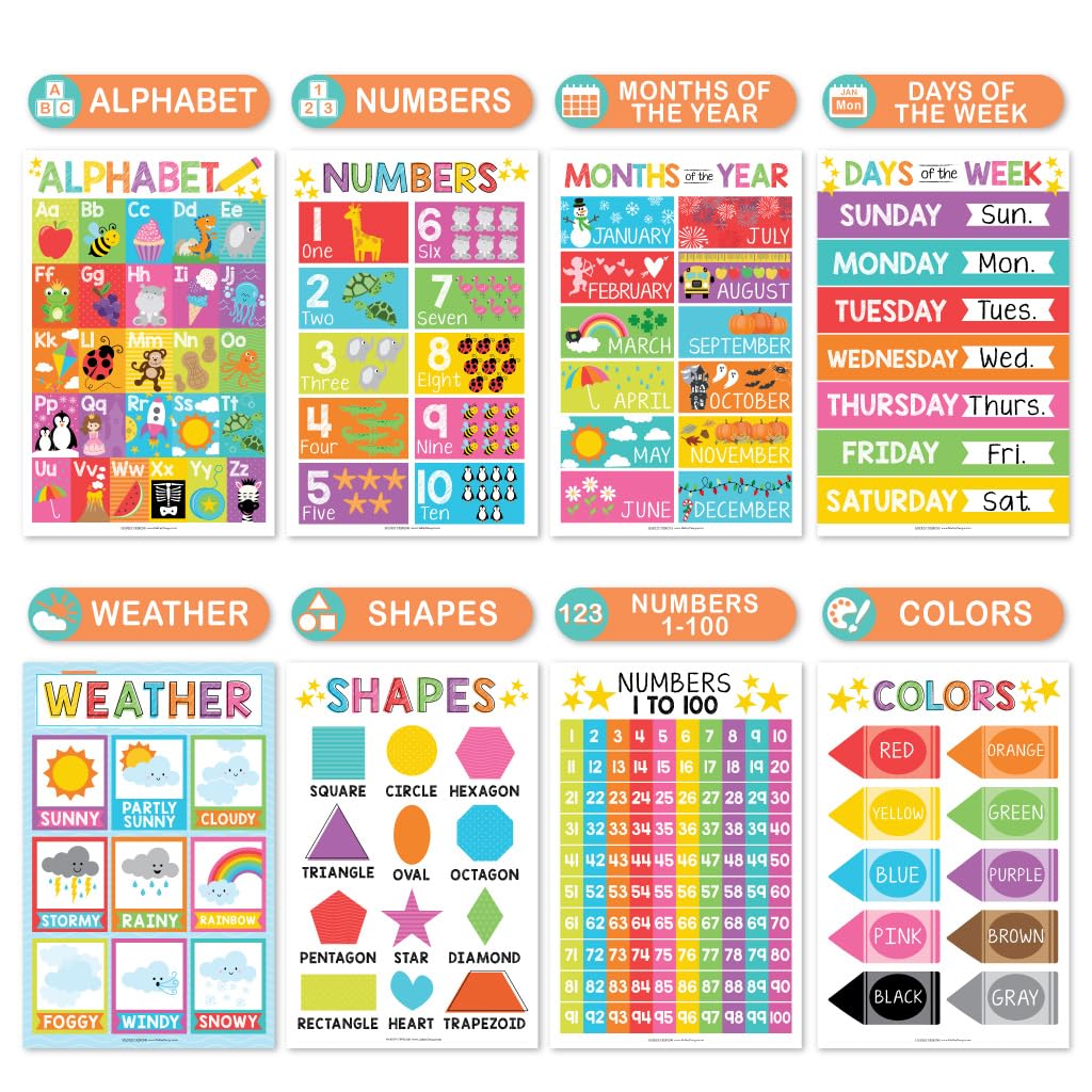 Hadley Designs 16 Educational Posters for Classroom & Kindergarten, Kindergarten Classroom Must Haves, Laminated PreK Learning Chart Materials US & World Map, ABC Alphabet, Shapes, Days of the Week