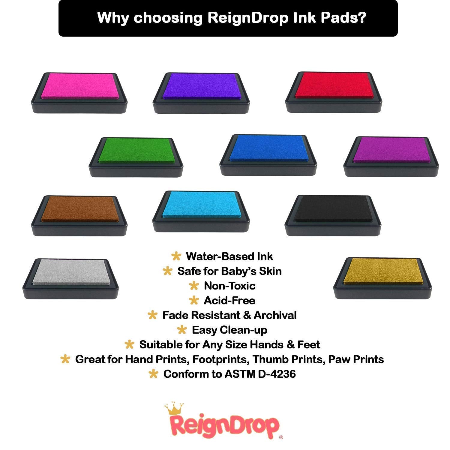 ReignDrop Ink Pad For Baby Footprint & Handprint - Creates Impressive Long Lasting Keepsake Stamp for Infant & Kids. Smudge Proof, Easy to Wipe Off Skin, Safe & Gentle Acid Free(Black)