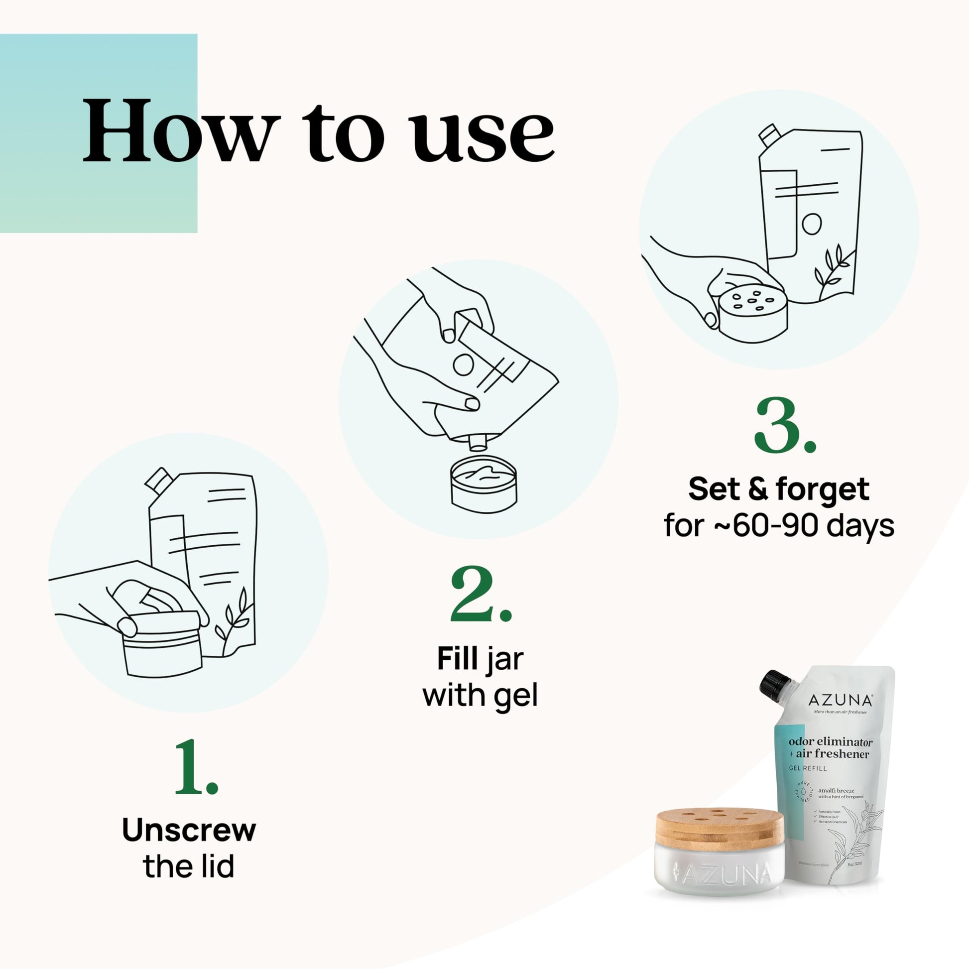Azuna Air Freshener & Odor Eliminator for Strong Odor | 1 Room Kit Includes (1) Empty Luxe Glass Jar & 8oz Refill with Tea Tree Essential Oil Gel | Amalfi Breeze | Last 60-90 Days
