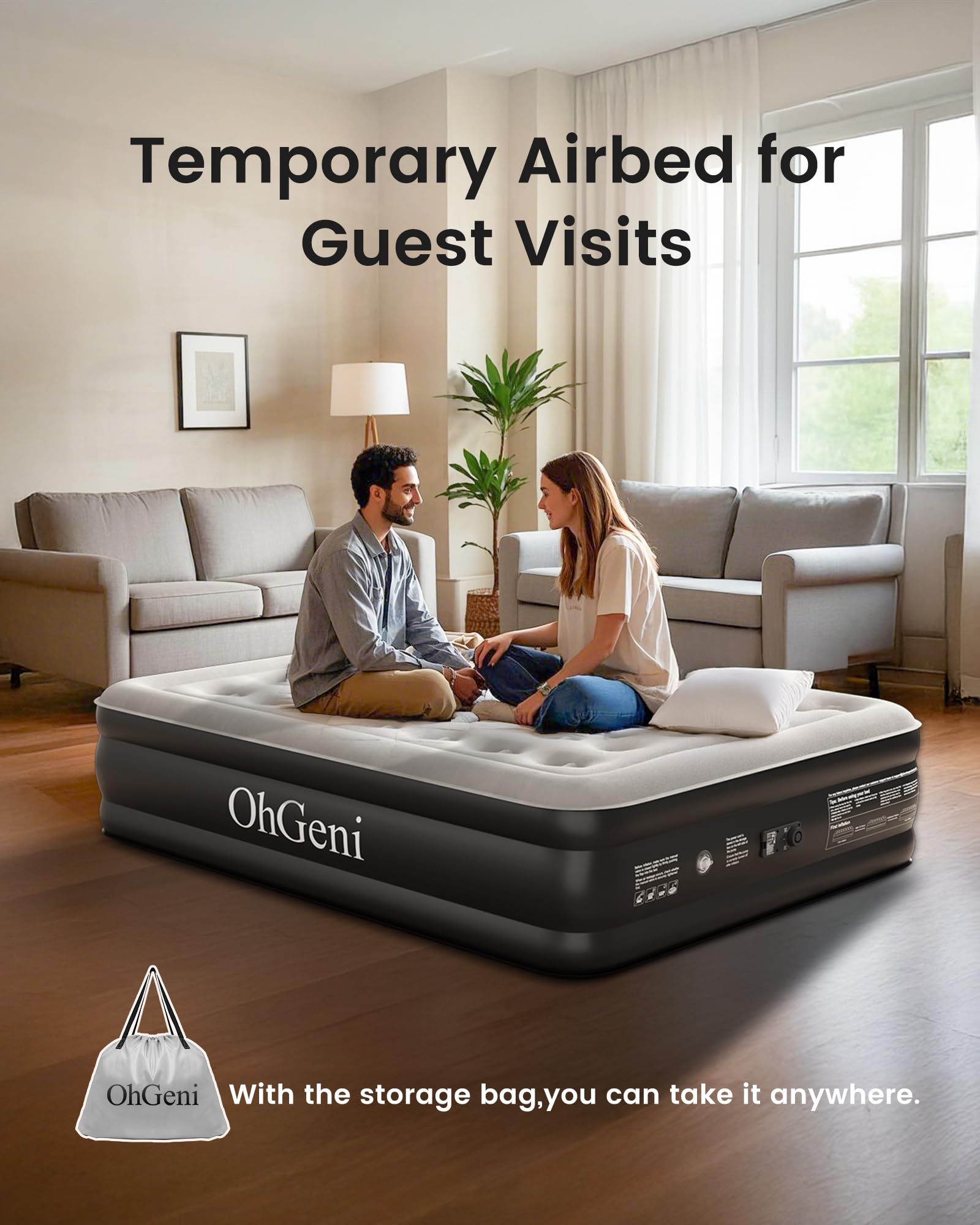 OhGeni Queen Air Mattress with Built in Pump, Inflatable Blow Up Mattress 18 Raised Comfort,Upgraded Surface Portable Mattress, Air Bed for Camping, Home and Guest, Colchone Inflable, 650 lbs Max