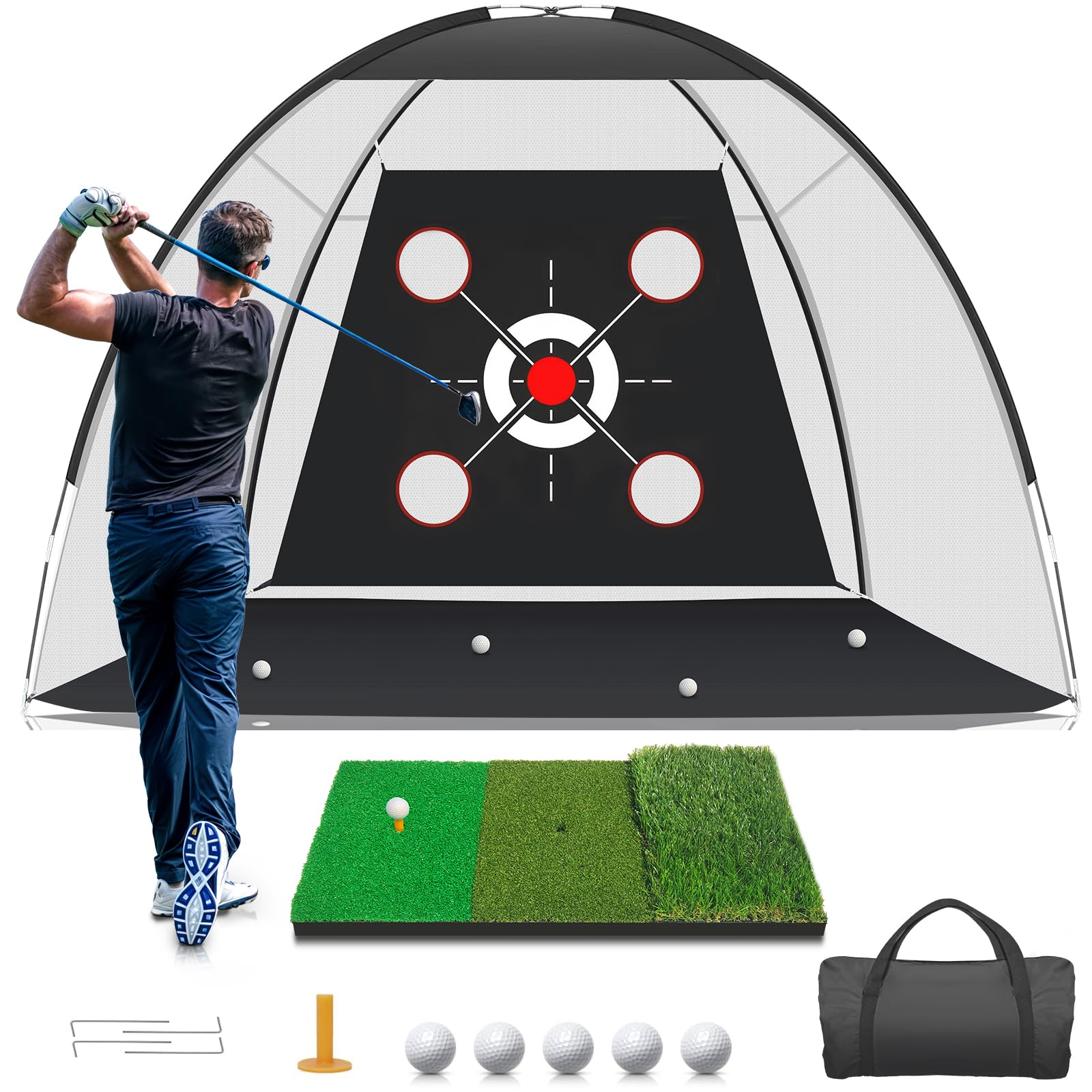 KLAODOT Golf Net with Practice Mat,Golf Hitting Aid Nets 10x7FT for Backyard Driving Chipping Training Swing with Target Mat Balls for Outdoor Indoor,Gifts for Men Dad Him and Golfer