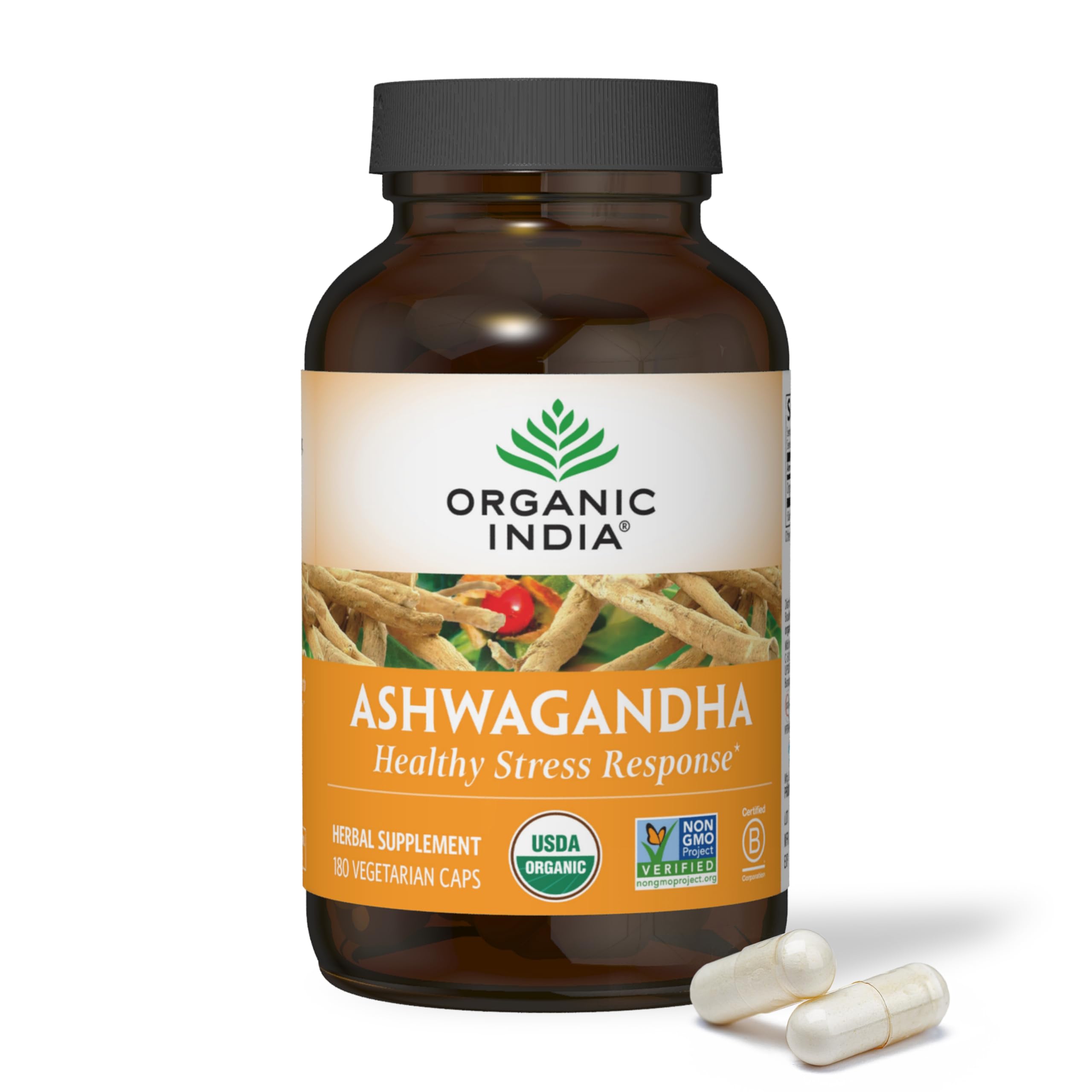 ORGANIC INDIA Ashwagandha Capsules - Organic Ashwagandha Supplement - Vegan Ashwagandha Root, Gluten-Free, Kosher, Non-GMO, Supports Stress Relief, Energy, and Sleep - 90 Capsules