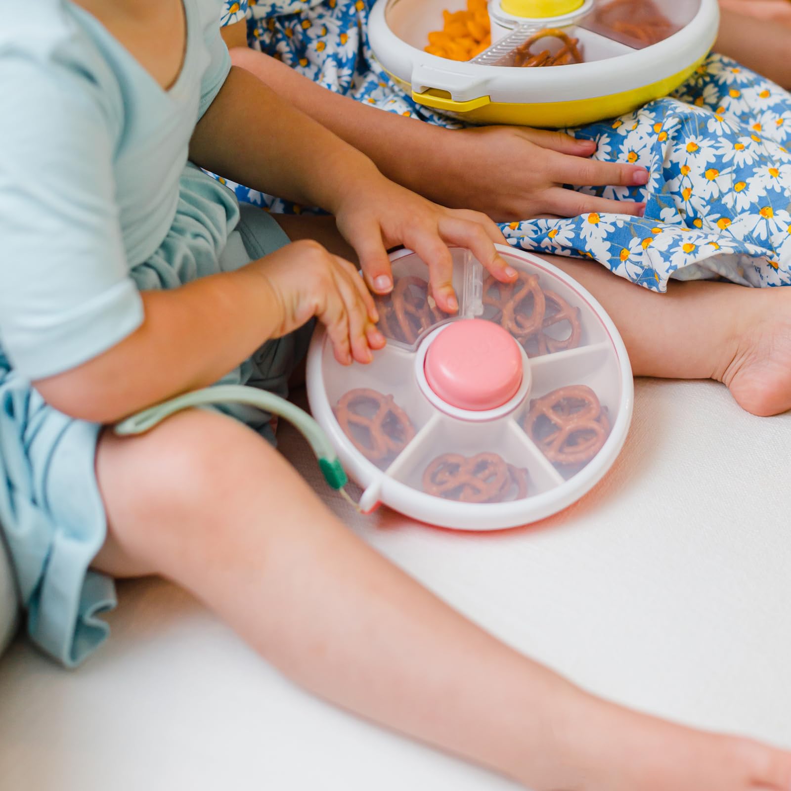 GoBe Kids Small Snack Spinner Flip Bundle with Hand Strap and Sticker Sheet - Reusable Snack Container with 5 Compartment Dispenser and Lid | BPA/PVC Free | Dishwasher Safe | No Spill- Mint Green