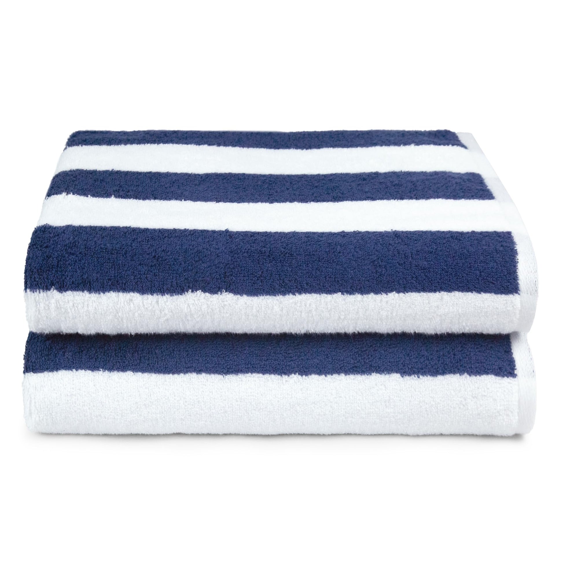 Amazon Basics 100% Cotton Terry Absorbent Cabana Stripe Pool & Beach Towels, Soft, Large, and Thick, 2-Pack, Navy Blue, 30 in x 60 in