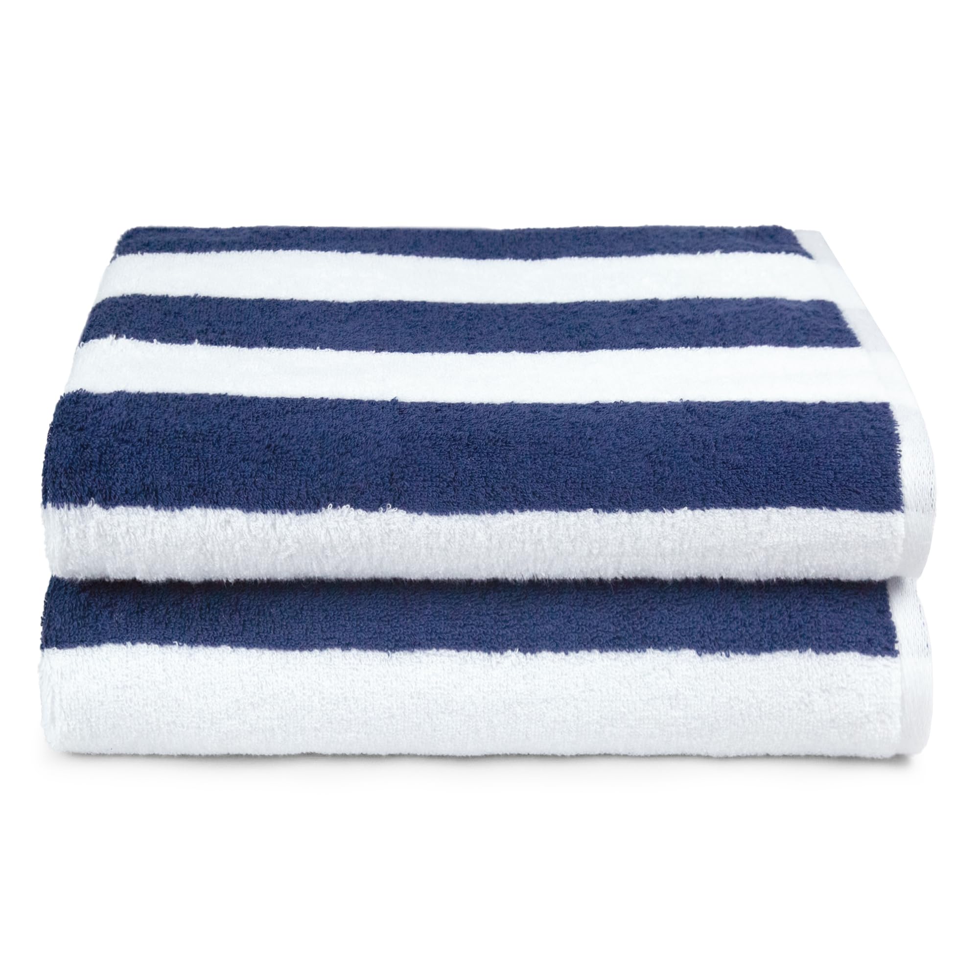 Amazon Basics 100% Cotton Terry Absorbent Cabana Stripe Pool & Beach Towels, Soft, Large, and Thick, 2-Pack, Navy Blue, 30 in x 60 in