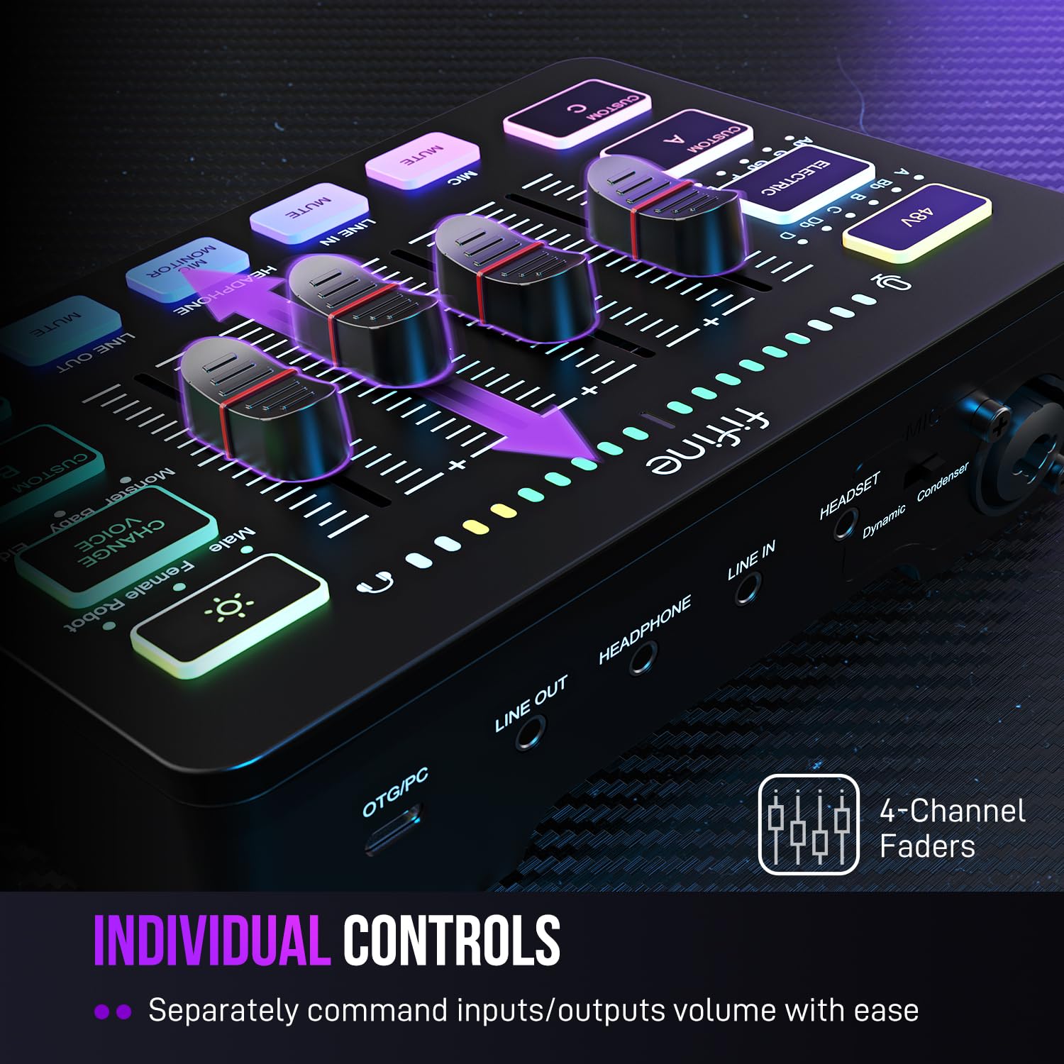 FIFINE Gaming Audio Mixer, Streaming RGB PC Mixer with XLR Microphone Interface, Individual Control, Volume Fader, Mute Button, 48V Phantom Power, for Podcast/Recording/Vocal/Game Voice-AmpliGame SC3