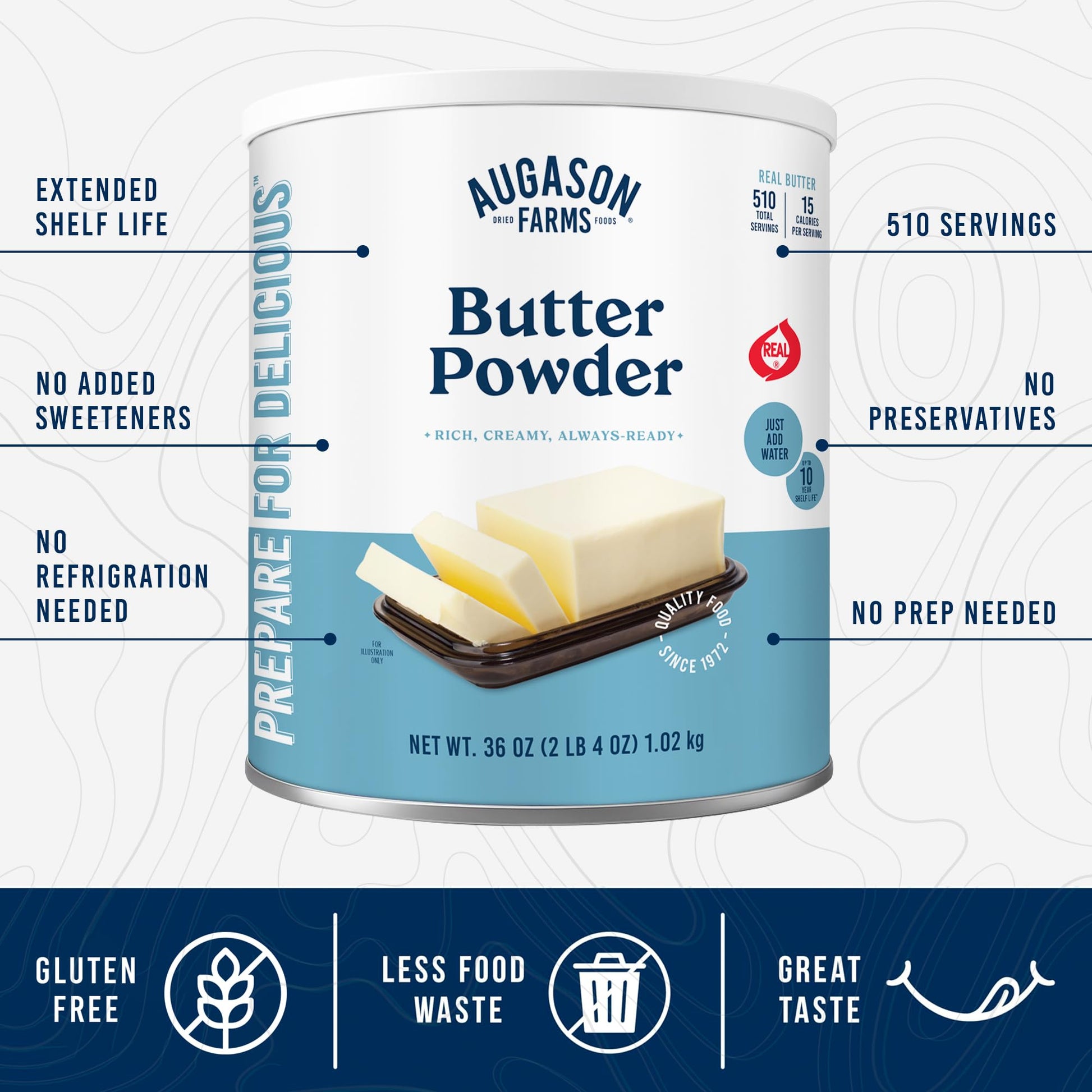 Augason Farms Butter Powder Can - Gluten Free Salted Butter for Cooking, Baking & Everyday Use - Long Term Emergency Food Supply - Shelf Stable dehydrated food - 510 Servings