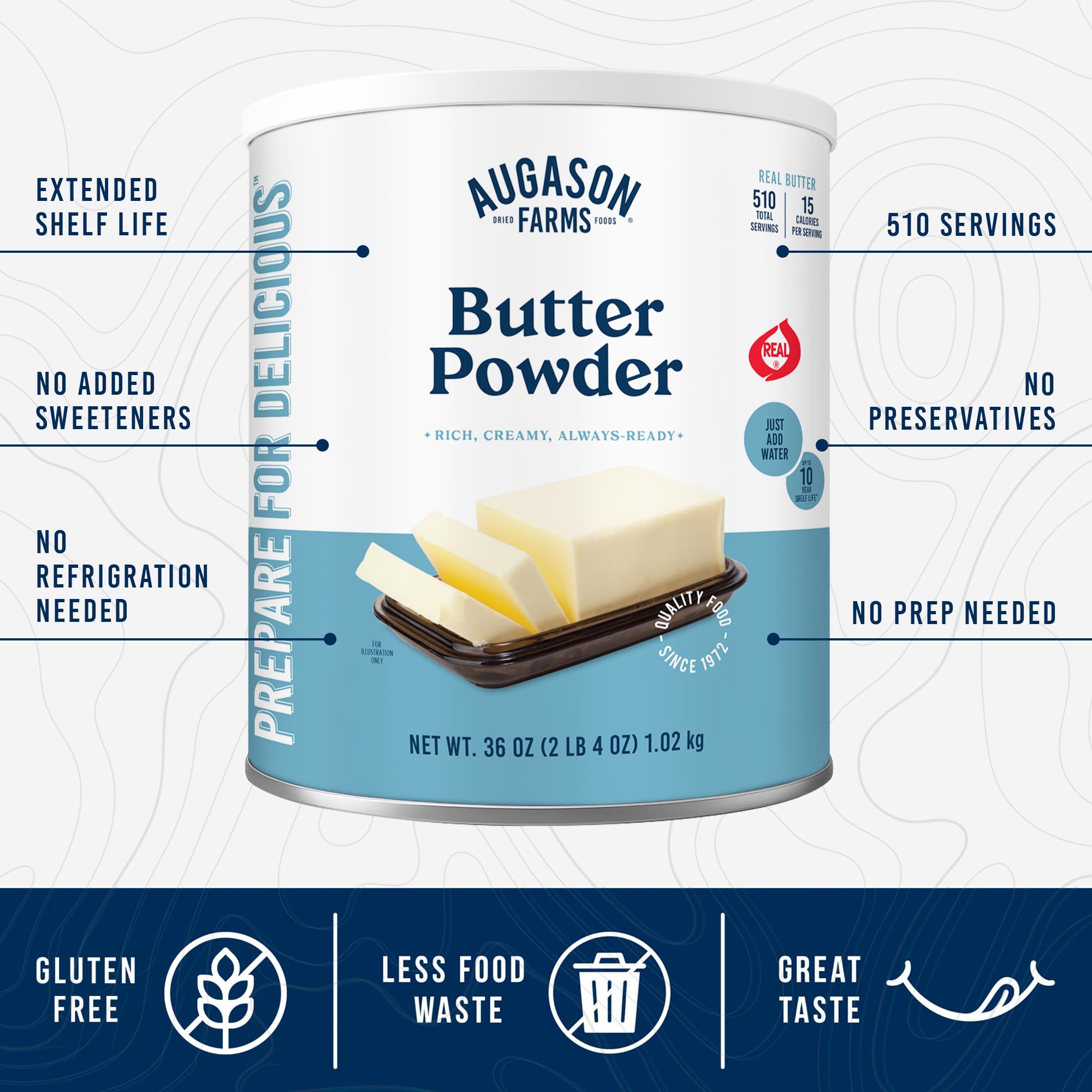 Augason Farms Butter Powder Can - Gluten Free Salted Butter for Cooking, Baking & Everyday Use - Long Term Emergency Food Supply - Shelf Stable dehydrated food - 510 Servings