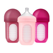 Boon Nursh Reusable Silicone Pouch Baby Bottles - Medium Flow Nipple - Silicone Baby Bottle Pouch and Nipple - Baby Feeding Essentials - Pink - 3-6 Months - 3 Count - 8 Ounce