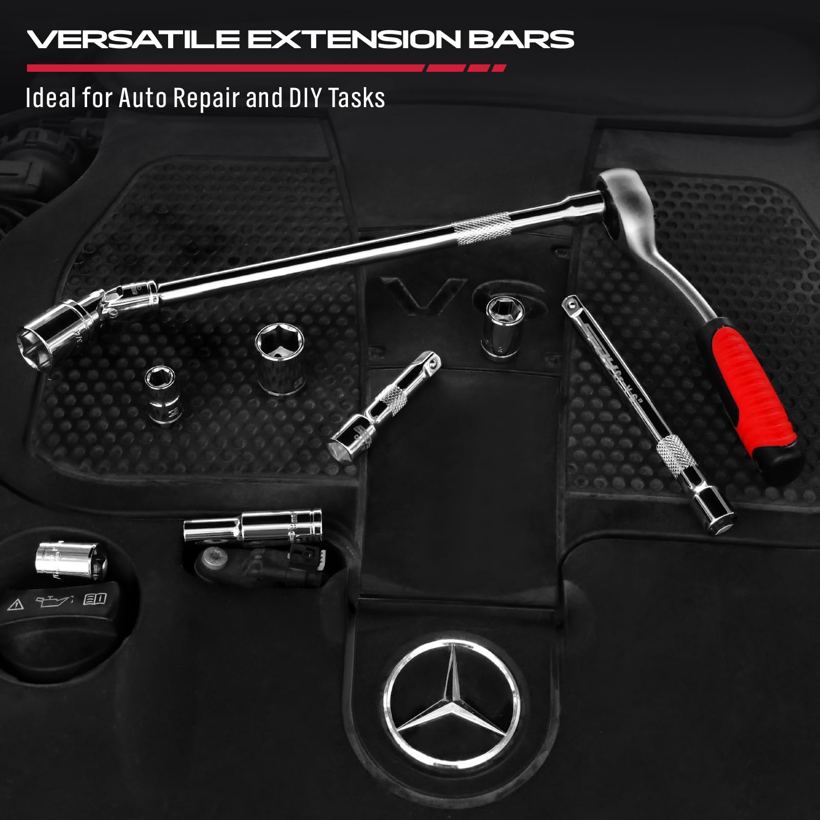 4-Piece 3/8" Drive Socket Extension Bar Set, Professional Socket Extension Set Include 3, 6, and 10 Inch Extensions and 3/8 Inch drive Universal Joint Sockets, Premium Cr-V Steel Construction