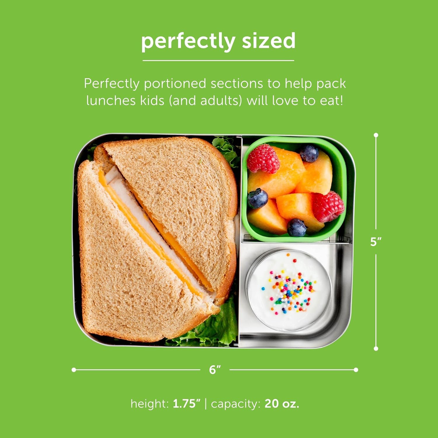 LunchBots Medium Trio II Snack Container - Divided Stainless Steel Food Container - 3 Sections for Snacks On the Go, Dishwasher Safe - Stainless Steel