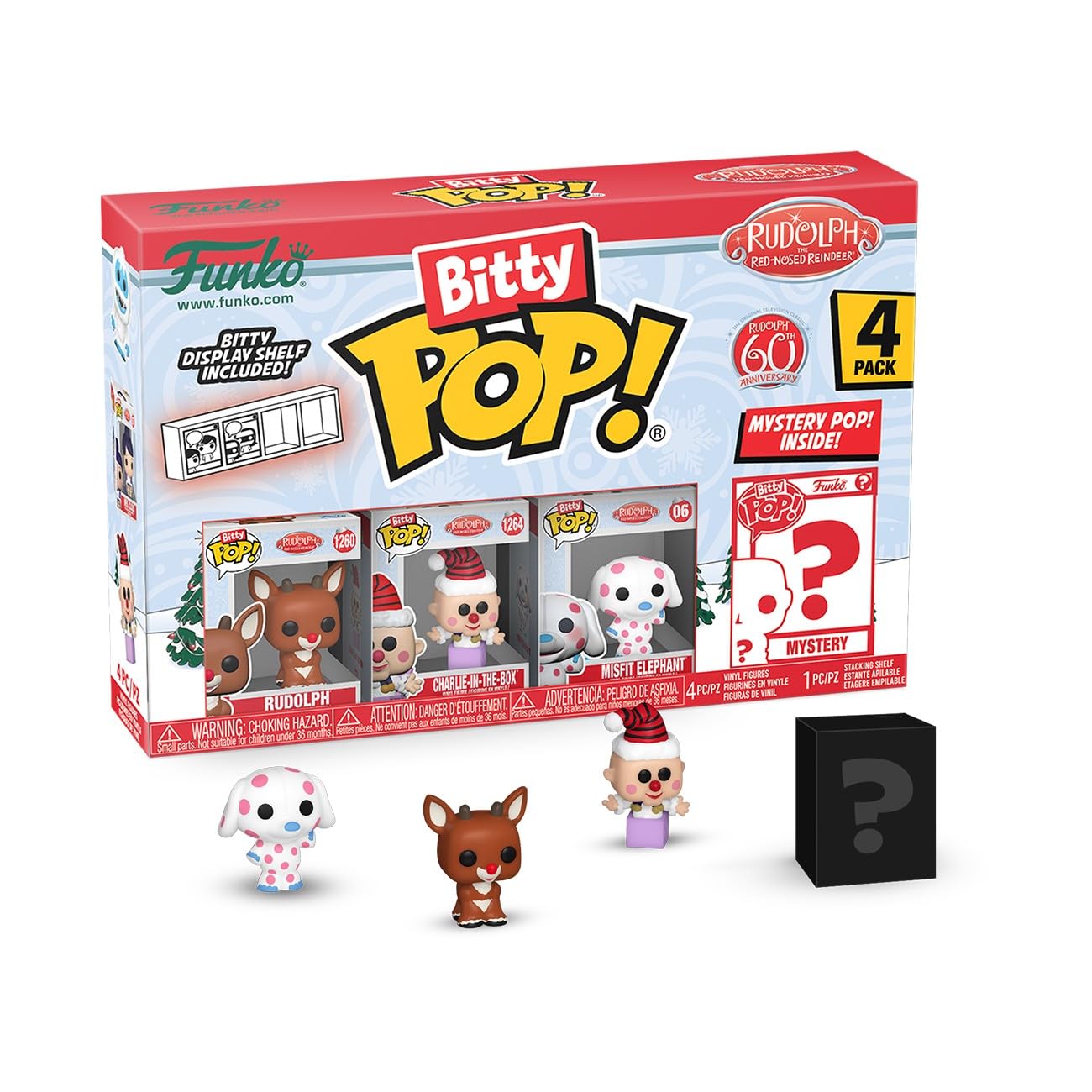 Funko Bitty Pop! Rudolph: Mini Collectible Toys 4-Pack - RudolphÃÂ®, Charlie-in-The-BoxÃ¢ÂÂ¢, Misfit ElephantÃ¢ÂÂ¢, & Mystery Chase Figure (Styles May Vary)