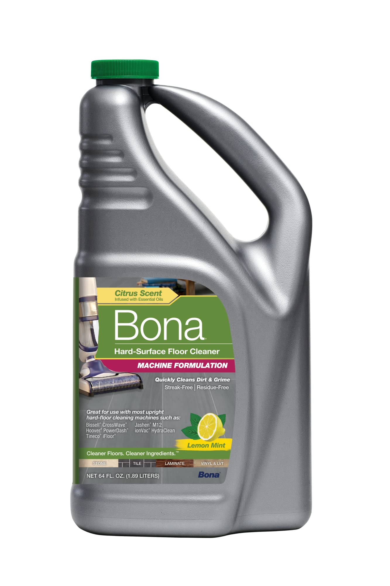 Bona Multi-Surface Cleaning Machine Formulation, Multi-Surface Floor Cleaner Concentrate Refill, for Stone Tile Laminate and Vinyl LVT/LVP, Lemon Mint Scent, 64 Fl Oz