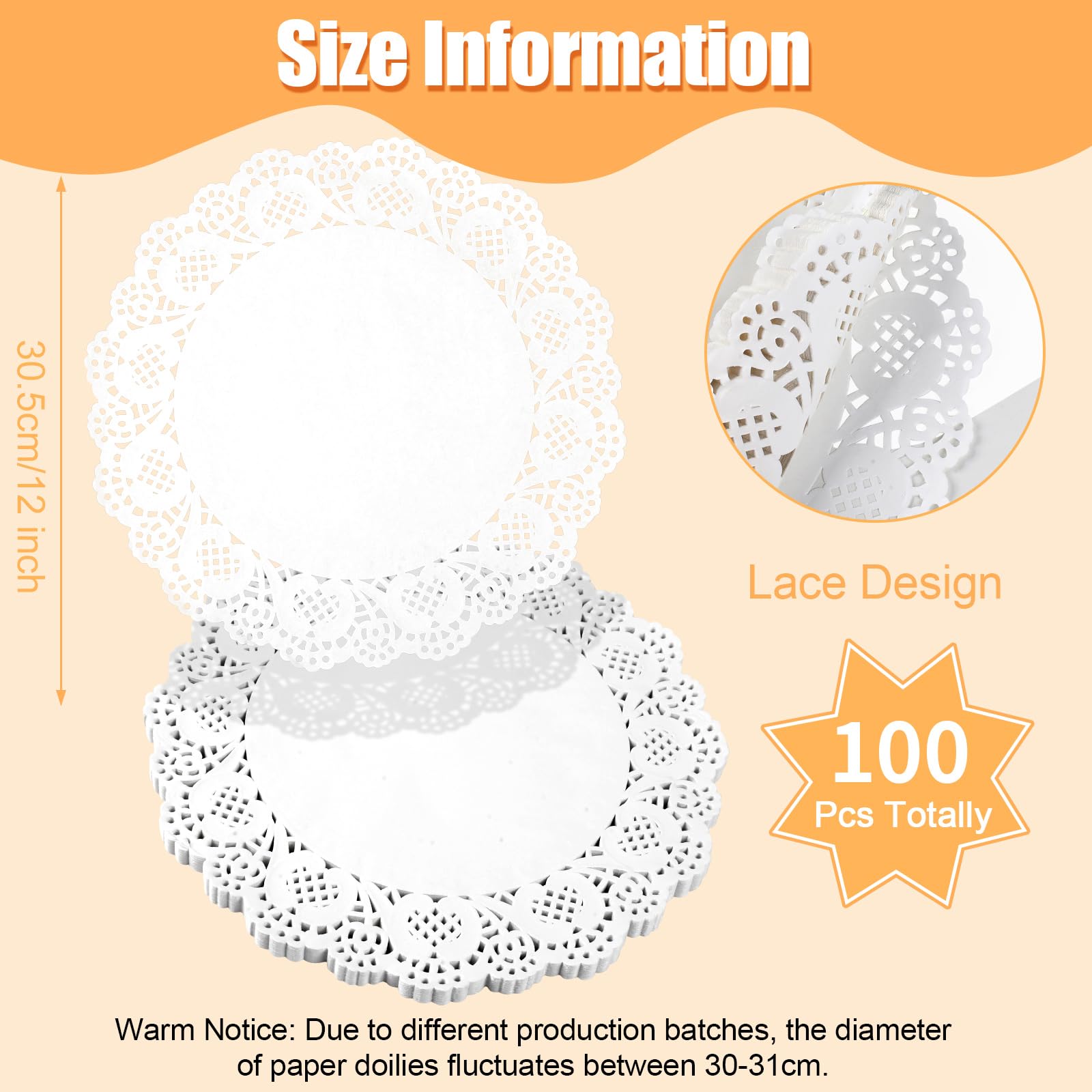 100 Pieces Paper Doilies, 12 Inch Doilies for Food, Disposable Lace Paper Doilies for Tables, Round Paper Placemats Bulk for Cakes Desserts Crafts (White)