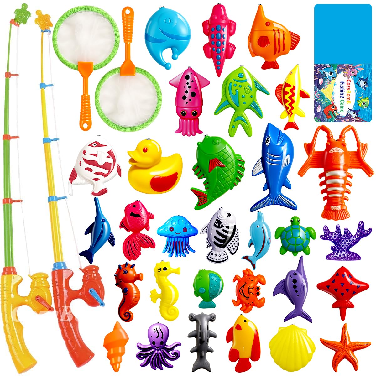 CozyBomB Magnetic Fishing Toys Game Set for Kids | Water Table Bathtub Kiddie Pool Party & Pole Rod Net, Plastic Floating Fish Toddler Color Ocean Sea Animals Birthday Age 3 4 5 6 Year