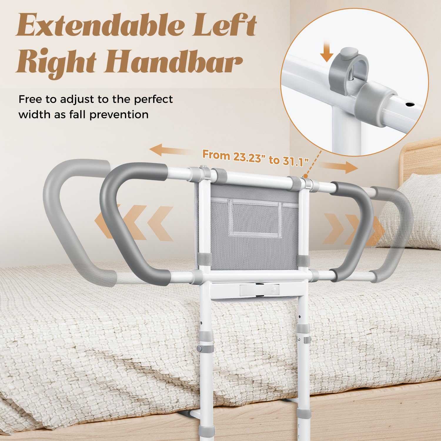 Bed Rails for Elderly Adults Safety: Adjustable Bedside Assist Rails with Storage Pockets, Non-Slip Handles, Sensor Night Light, 400LB Gravity Capacity (Compatible with Bed Frames 15.5" or Highe)