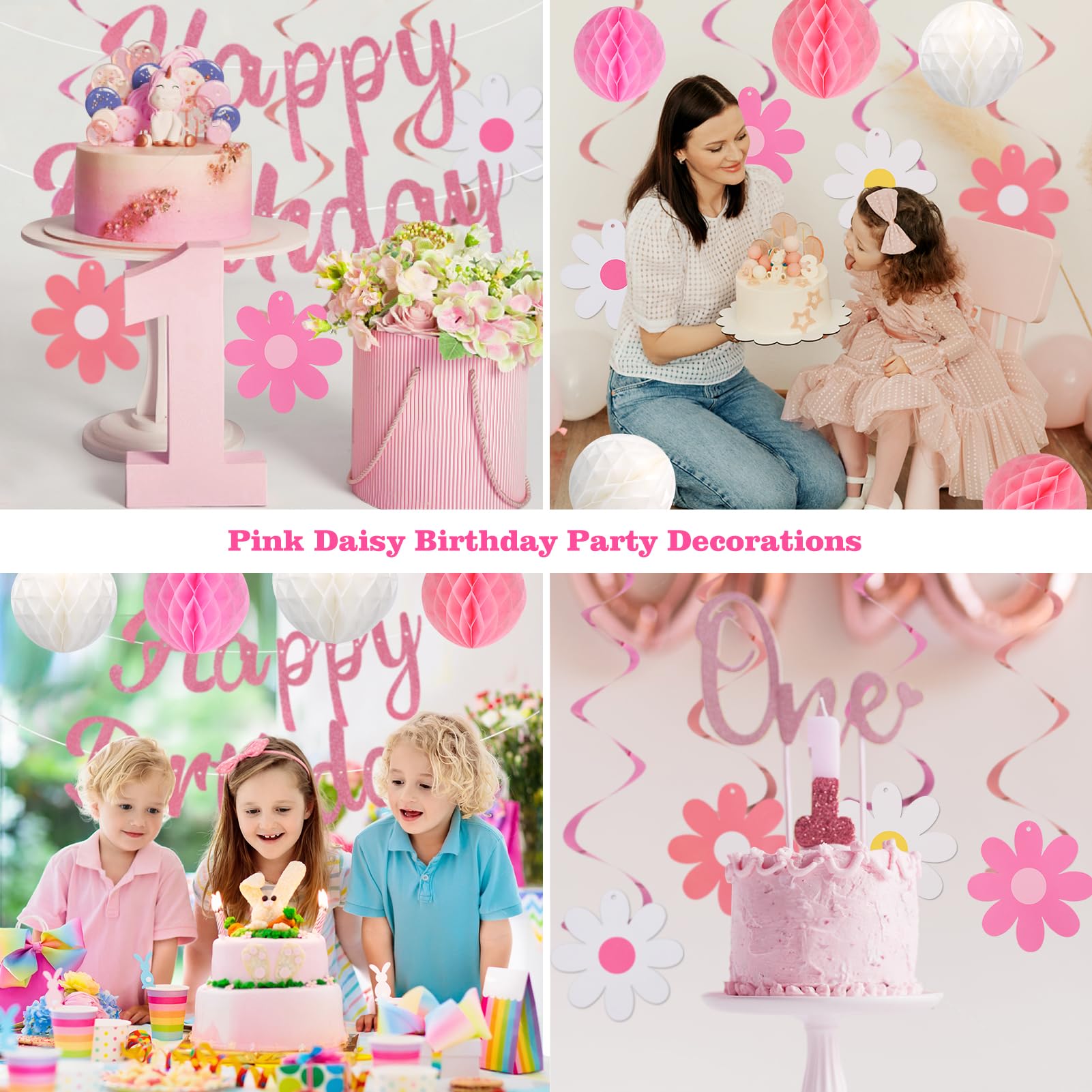 YEOCU Birthday Decorations, NO DIY, Pre-Strung Happy Birthday Banner with Honeycomb Balls, Hanging Swirls, Circle Dots Garland, Happy Birthday Party Decorations for Women Men Boys Girls (Pink)