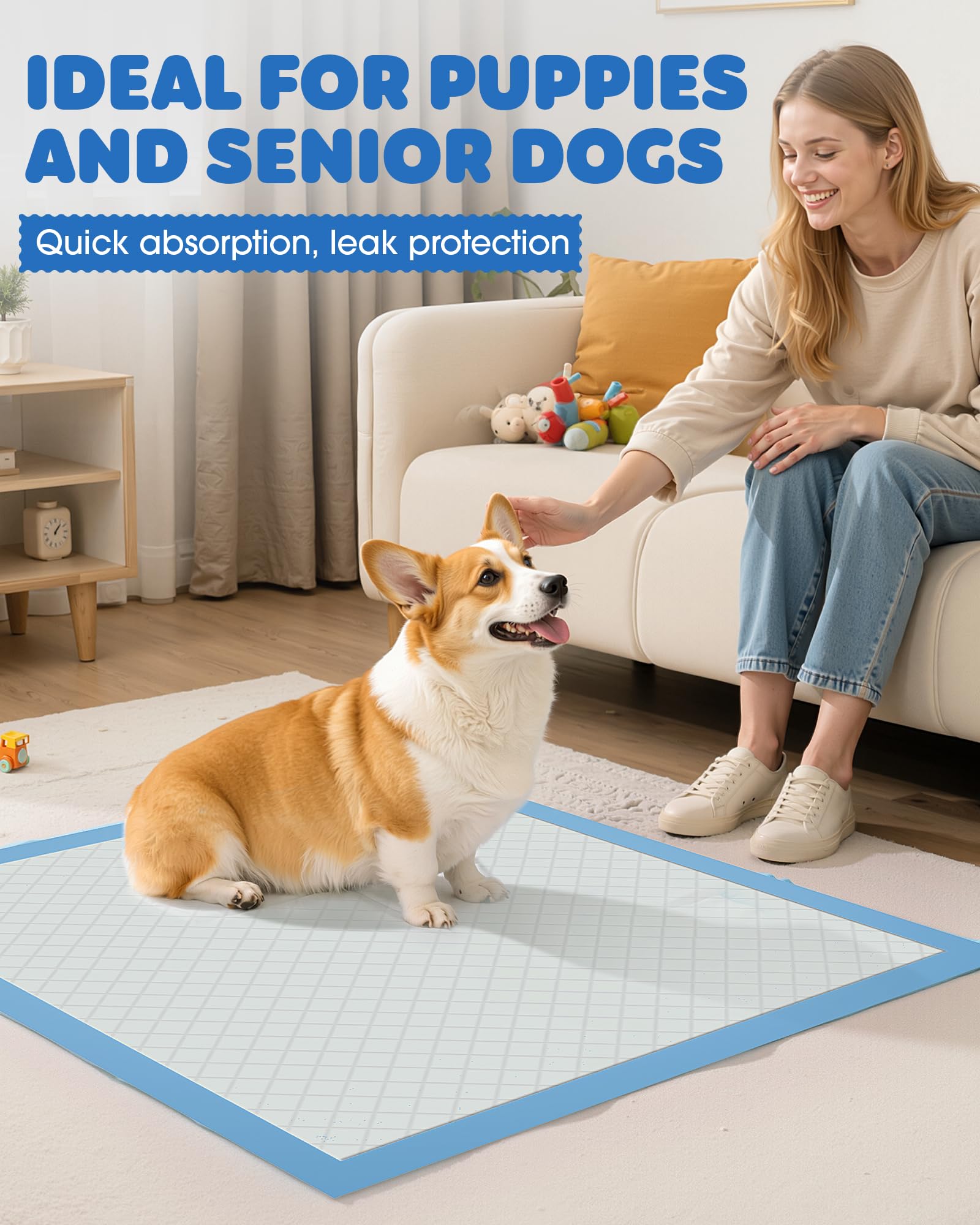 Powools 100-Pack X-Large Puppy Pads - 34'' x 28'' Pee Pads for Dogs Potty Training with Leak-Proof Quick-Dry Design, 6-Layer Wee Wee Pads for Dogs, Blue