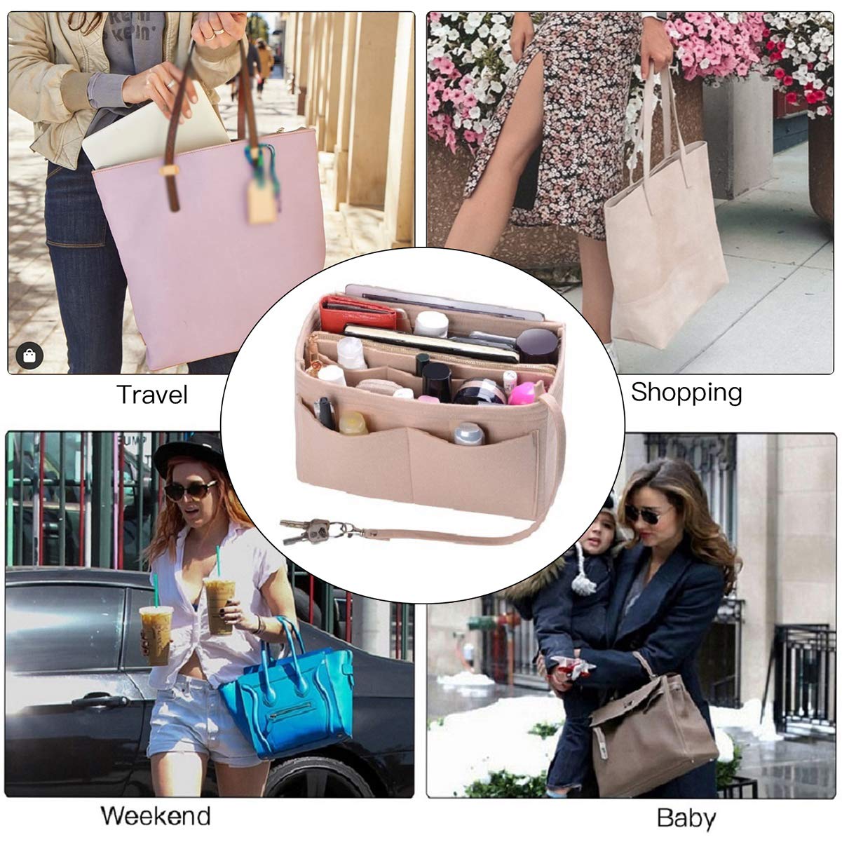 ZTUJO Purse Organizer Insert, Felt Bag Organizer with Metal Zipper, Handbag & Tote Shaper, For Speedy Neverfull Tote, 7 Sizes(Medium, Beige)