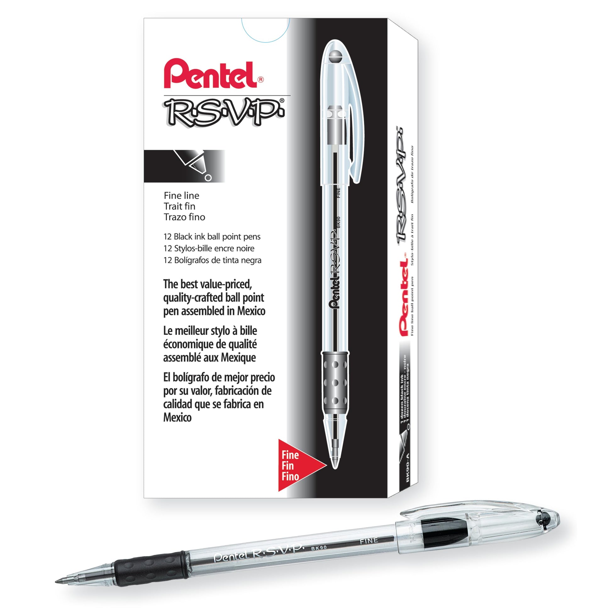 Pentel BK90A R.S.V.P. Stick Ballpoint Pen, .7mm, Trans Barrel, Black Ink, Dozen