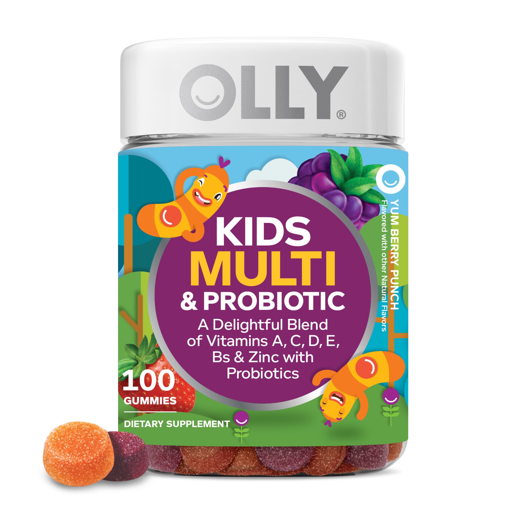 OLLY Kids Multivitamin & Probiotic Gummy، دعم الجهاز الهضمي، فيتامينات A وD وC وE وB، الزنك، مكمل غذائي قابل للمضغ، بنكهة التوت، يكفي لمدة 50 يومًا - 100 قطعة