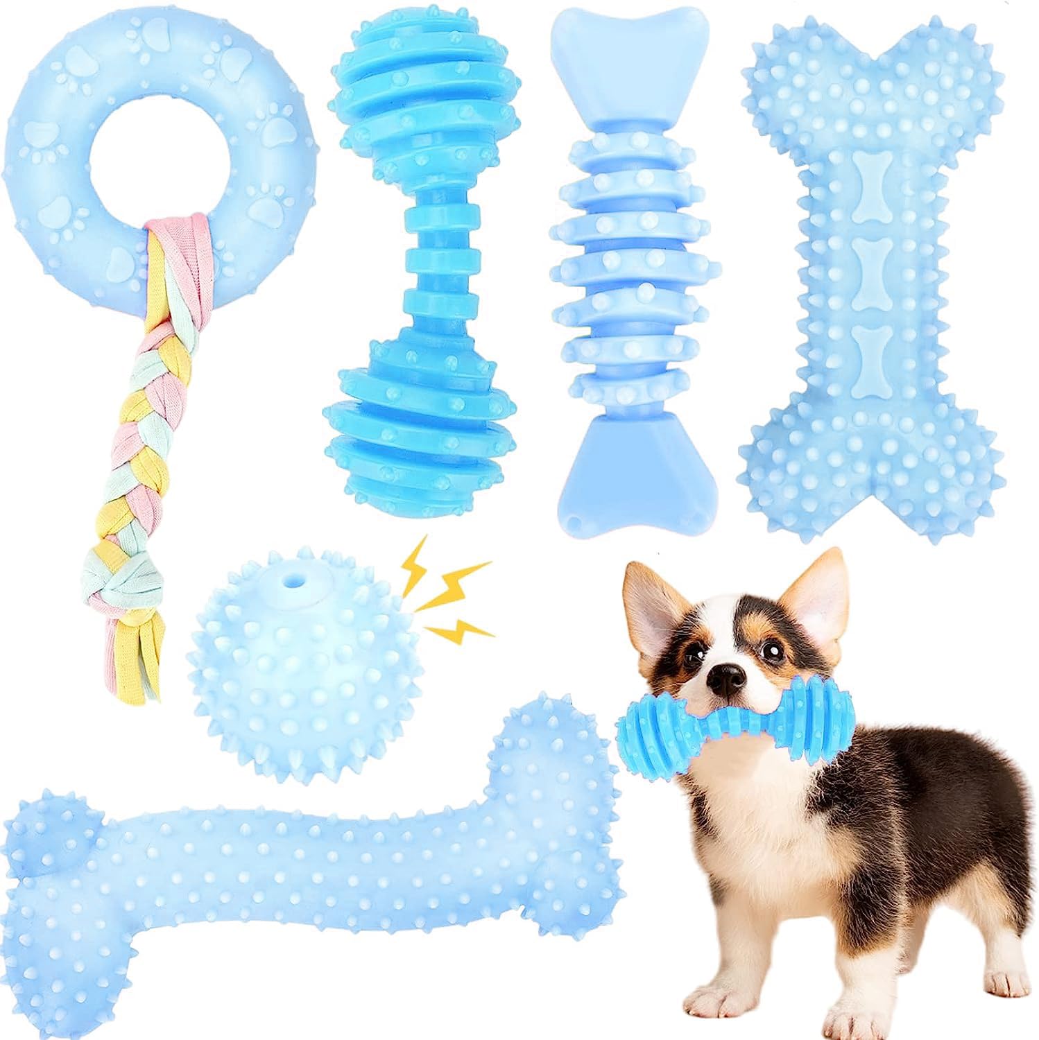 CGBD Puppy Toys, 6 Pack Dog Chew Toys for Puppy, Cute Blue Small Dog Toys, Teething Toys for Puppies, Soft Durable Interactive Chew Toy for Small Dogs