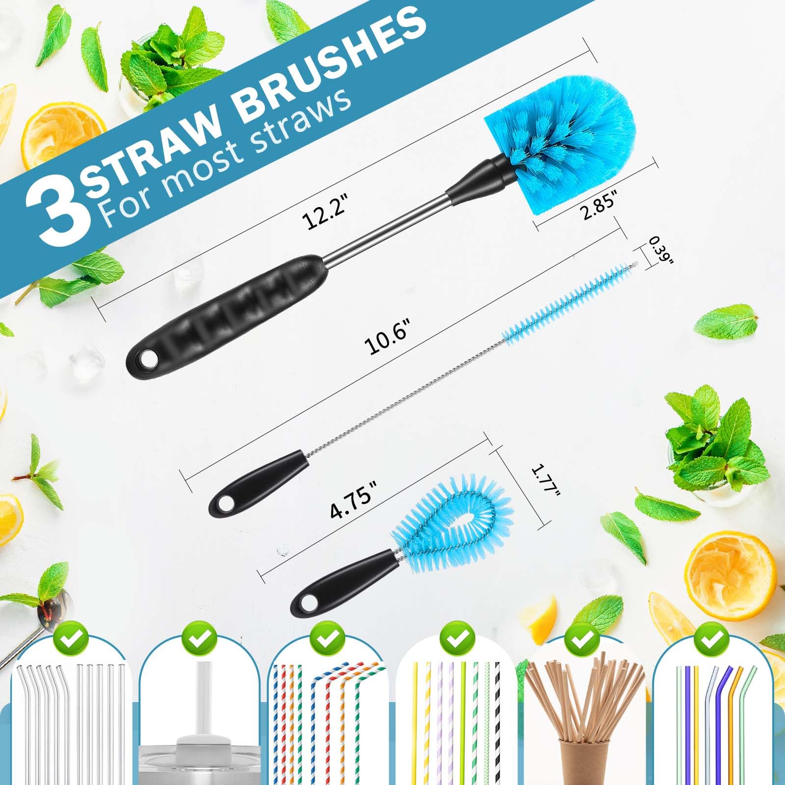 12.2 inch Bottle Brush Set of Three，Washable Coffee Cups, Water Bottles, Baby Bottles, Straws, to-go Cups, Long-Handled 3-in-1 Stainless Steel Bottle Brushes.