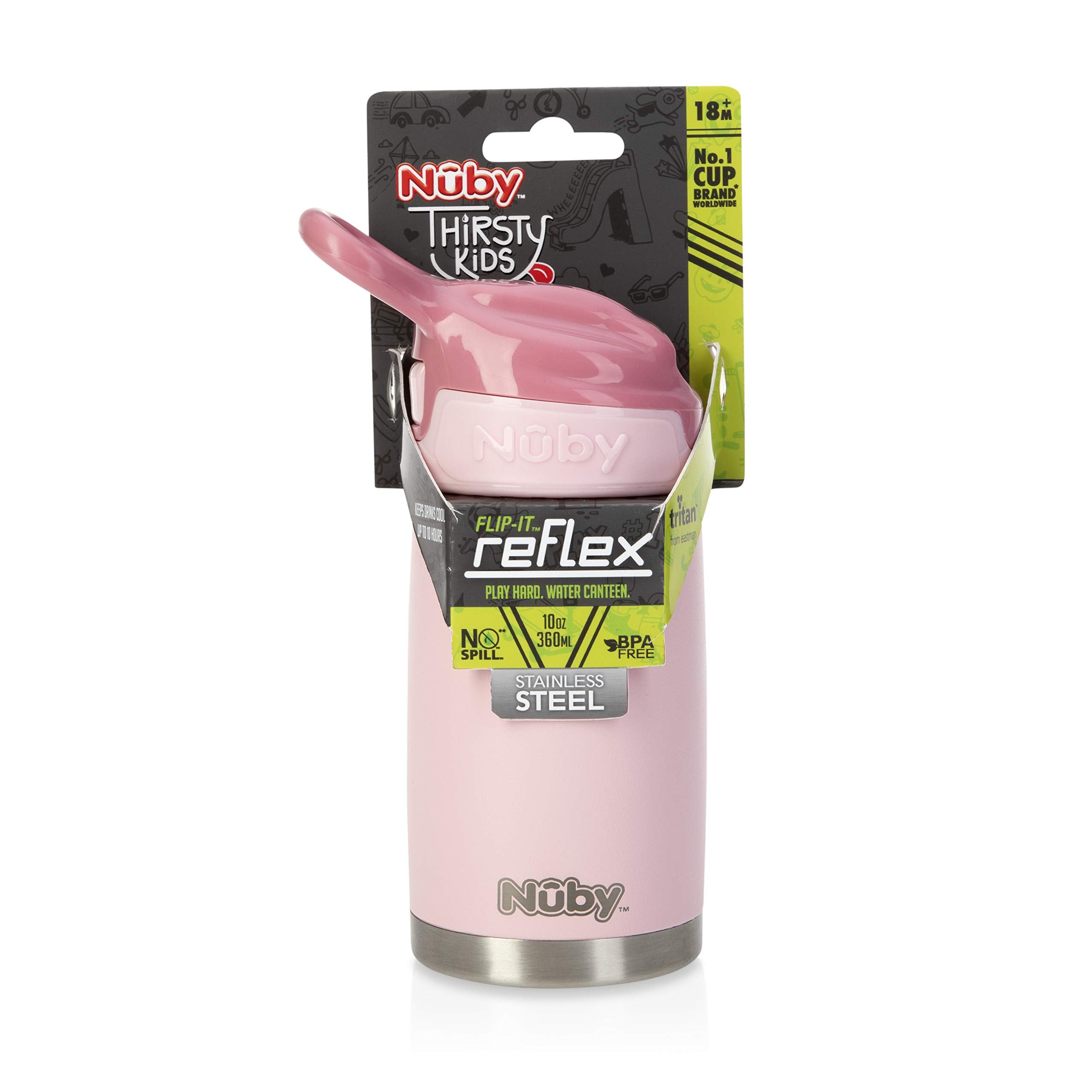 Nuby Thirsty Kids No Spill Flip-It Reflex Stainless Steel Travel Cup or Water Bottle - 10 Oz - 18+ Months - Pink - Back to School Essentials