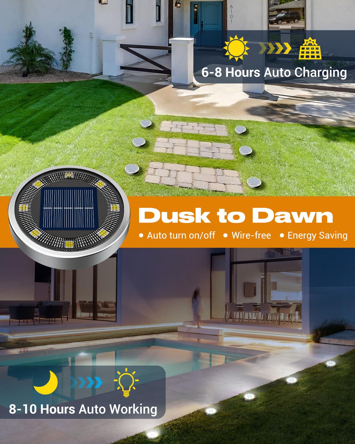 btfarm 16 Pack Solar Ground Lights Outdoor, 8 LED Solar Disc Lights IP65 Waterproof Flat Solar Light, Pathway Lights Solar Powered for Garden Lawn Patio Yard Path Landscape, Cool White