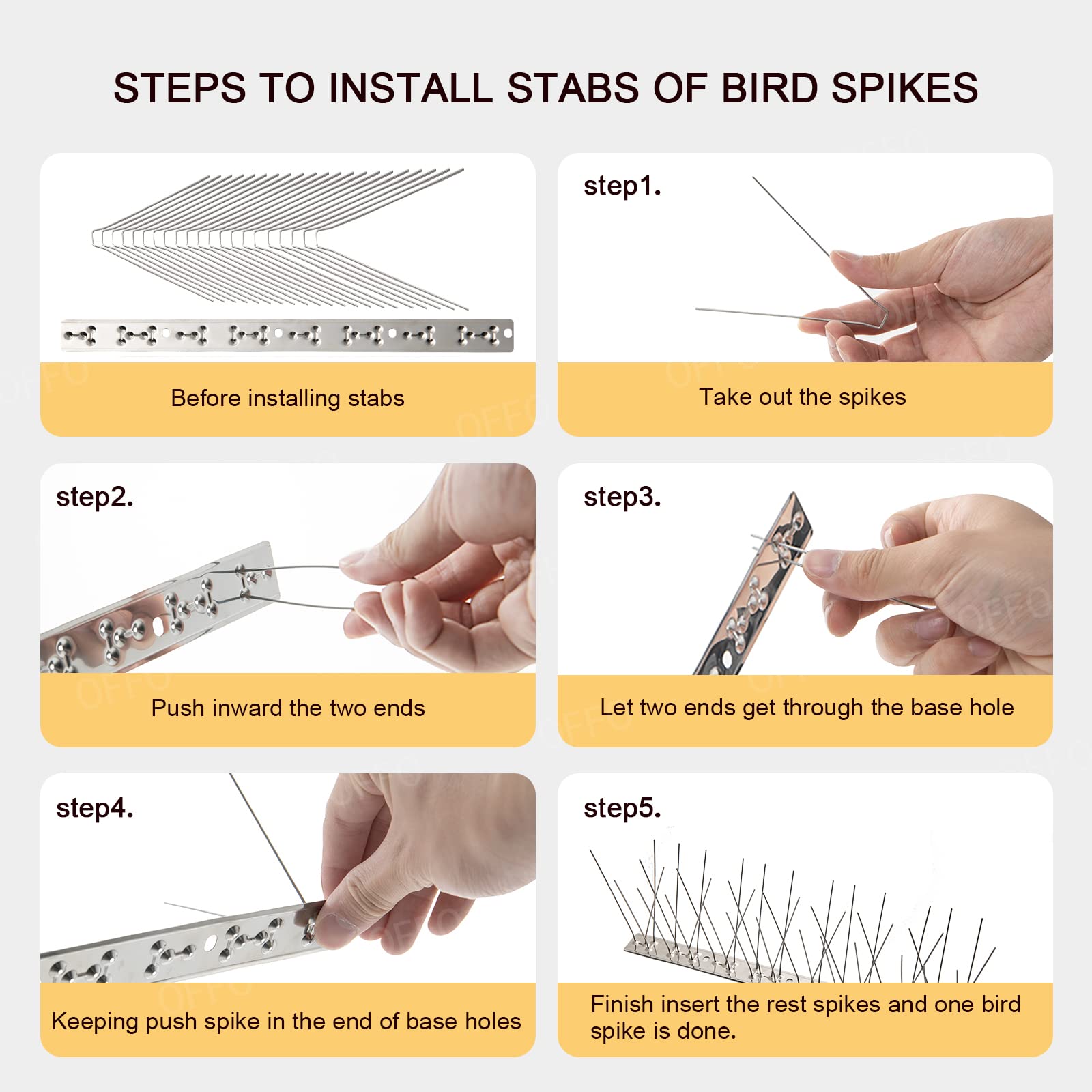 OFFO Bird Spikes with Stainless Steel Base, Durable Bird Spikes Arrow Pigeon Spikes Fence Kit for Keeping Small Bird, Crows and Woodpeckers Away, Covers 3.4 Feet(1.04m)
