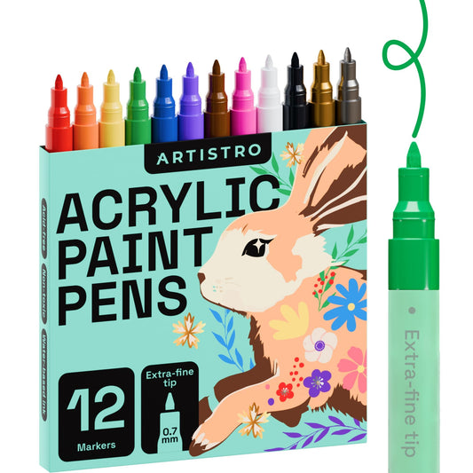 ARTISTRO 12 Acrylic Paint Pens, Art Set Acrylic Paint Markers, Fabric Markers for Textile, Canvas, Rock, Glass, Wood, Paper, Pumpkin, DIY, Paint Markers for Kids and Adults (Extra Fine Tip)